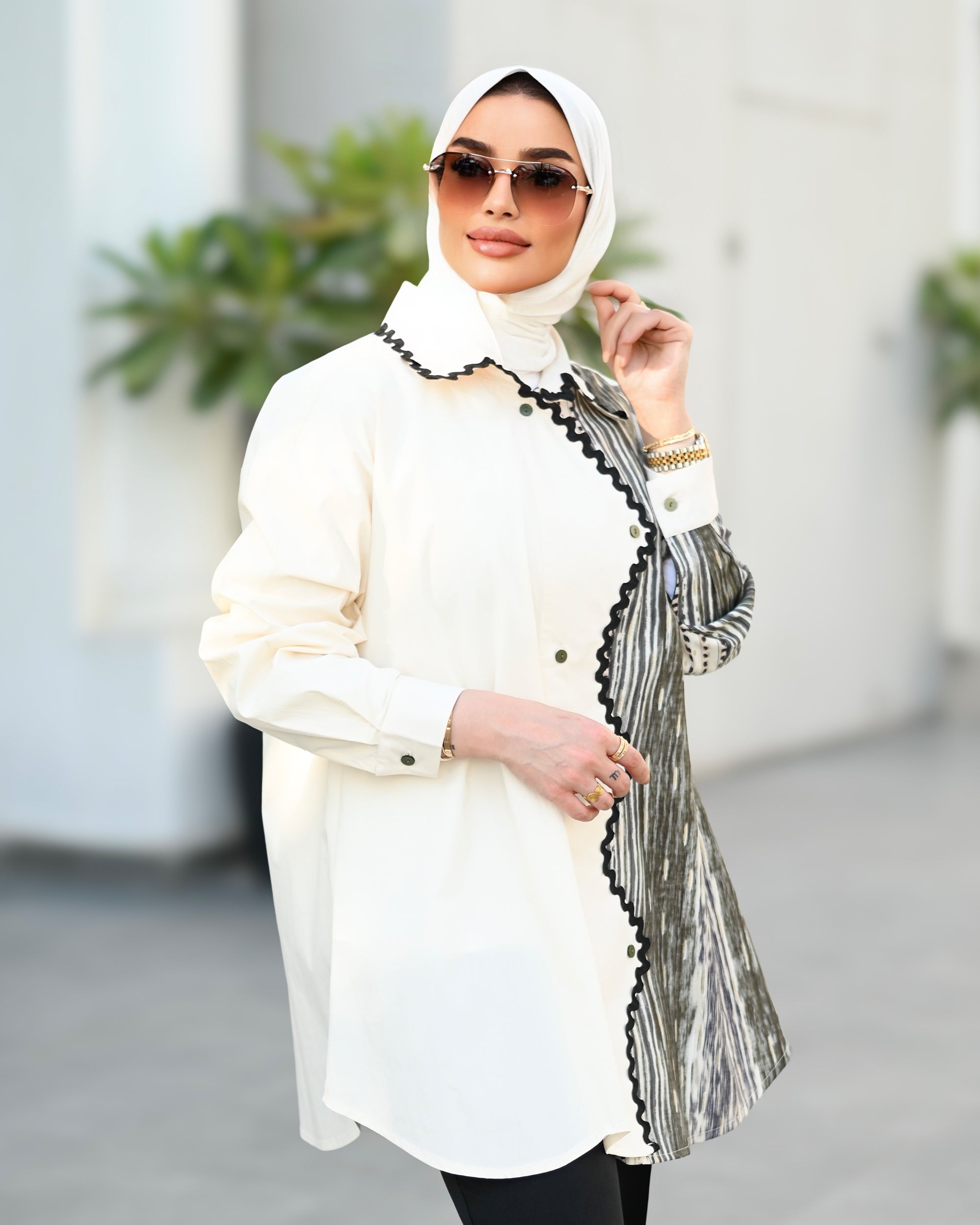 Abstract Contrast Parachute Shirt – Ivory & Olive