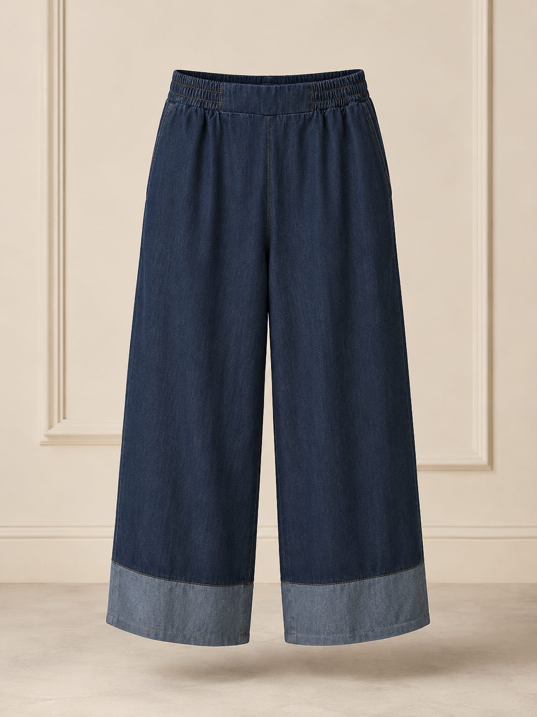 Contrast Hem Denim Pants – Dark Blue