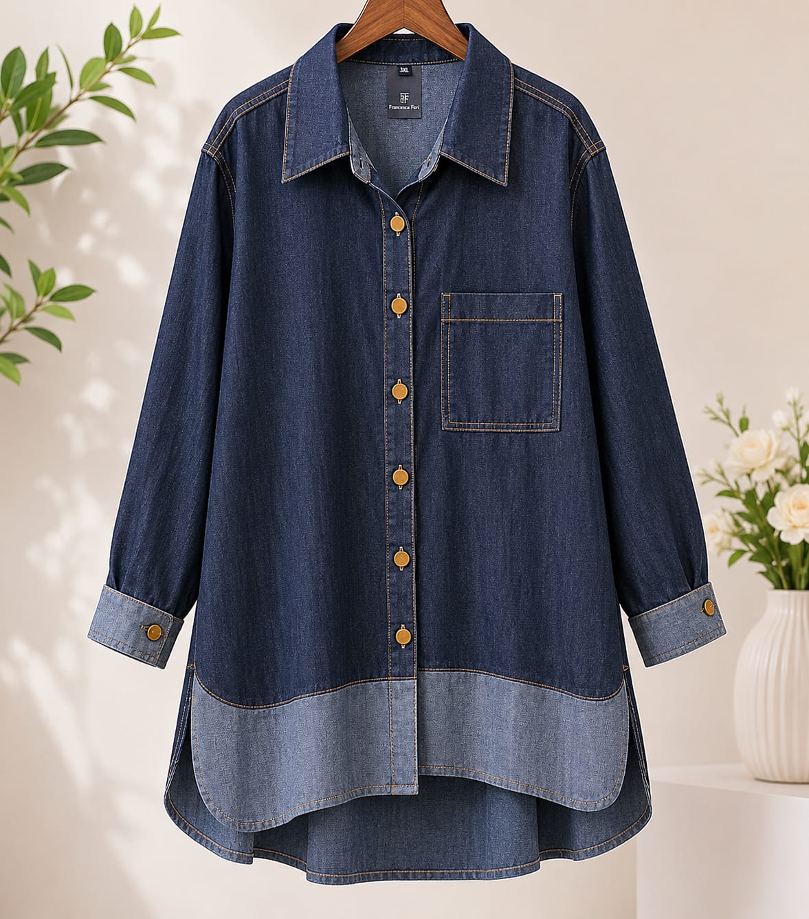 Contrast Hem Denim Shirt – Dark Blue