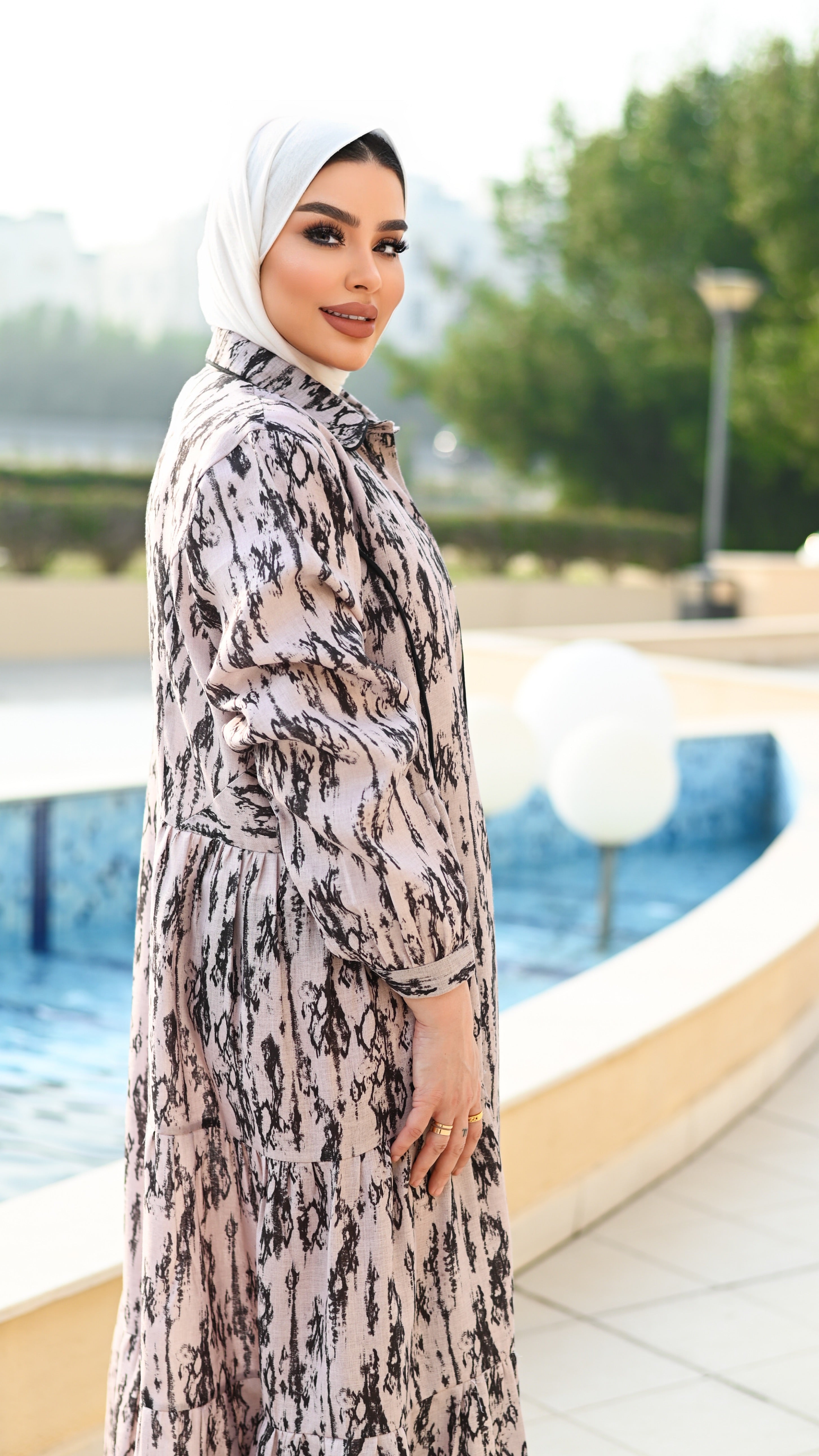 Patterned Linen Dress – Beige