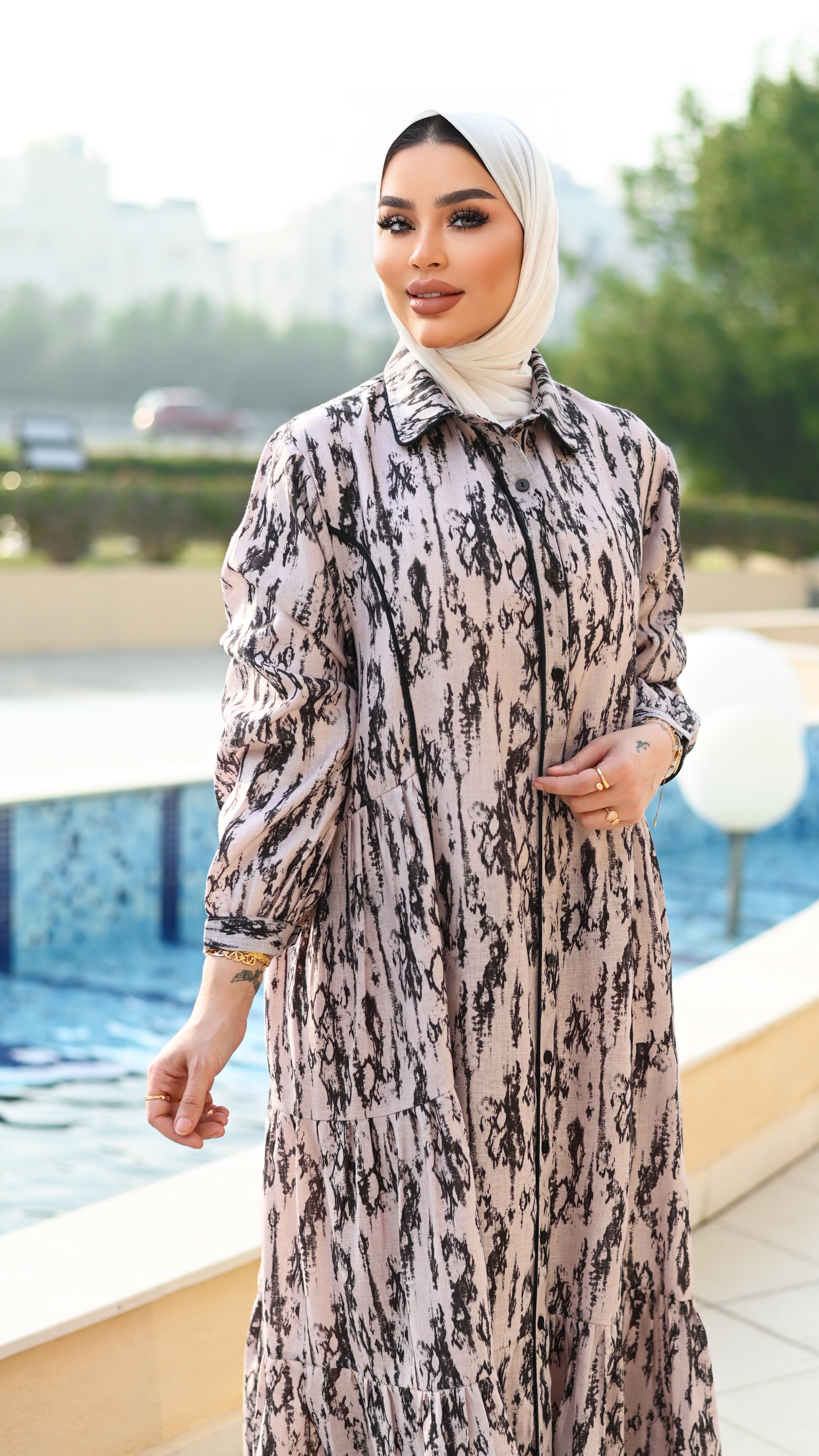 Patterned Linen Dress – Beige