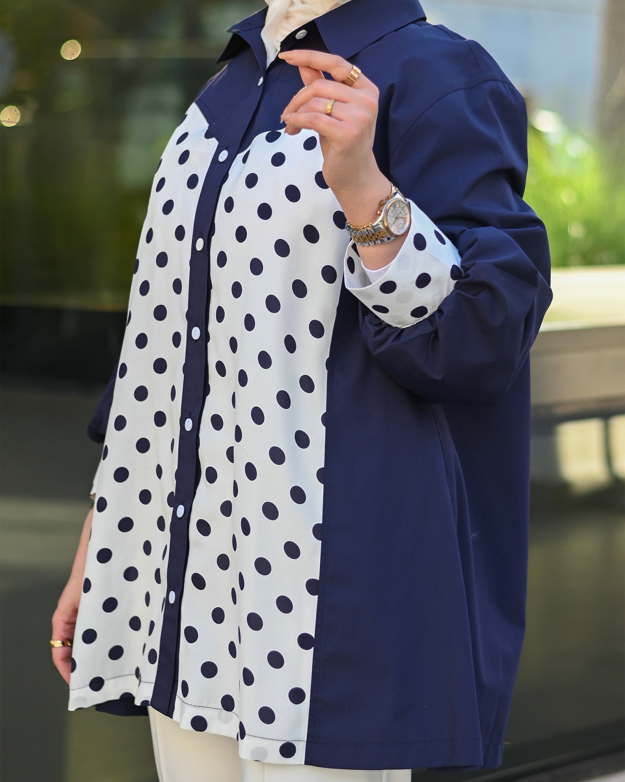 Polka Dot Contrast Poplin Shirt – Navy Blue