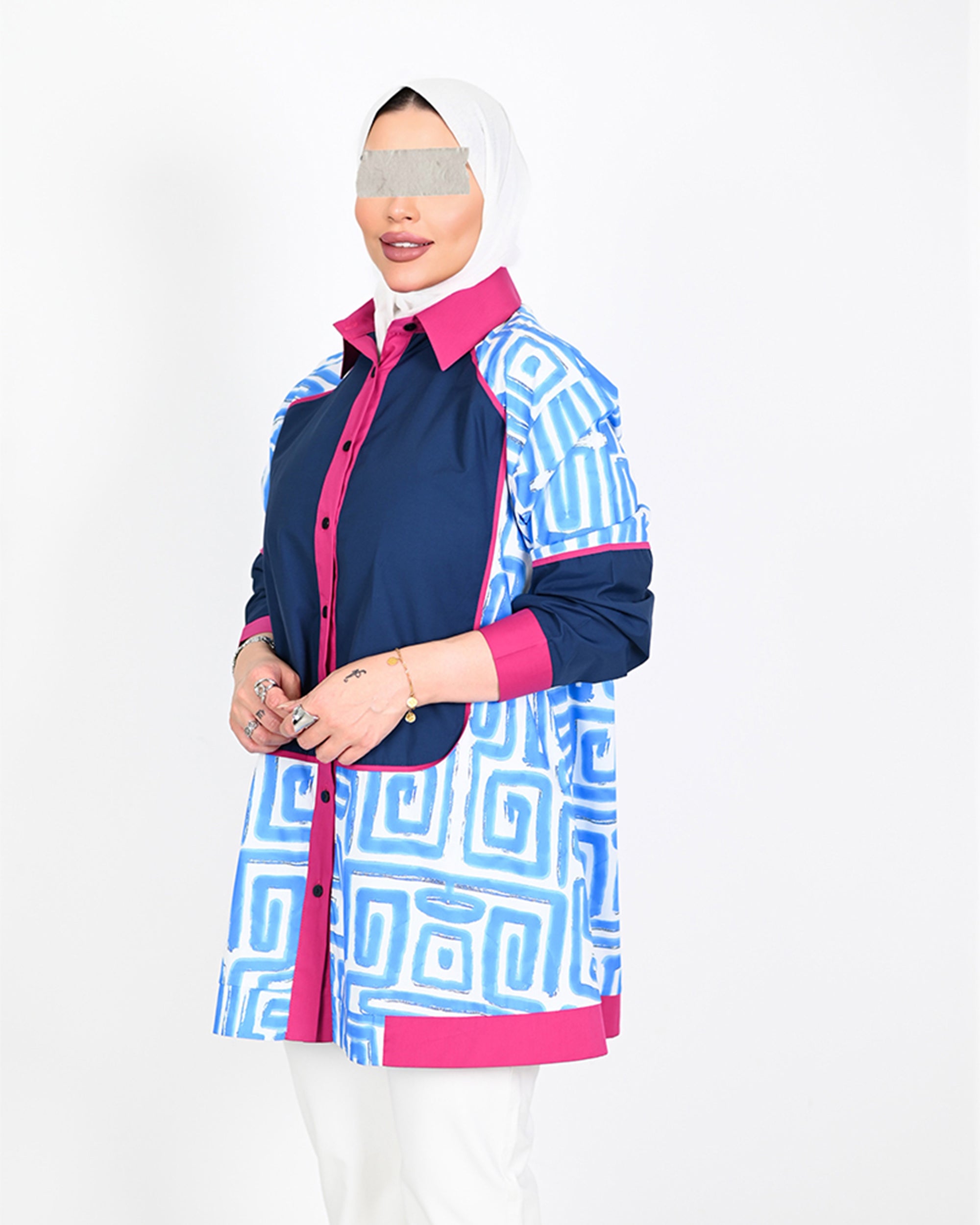 Geometric Poplin Shirt – Blue & Pink