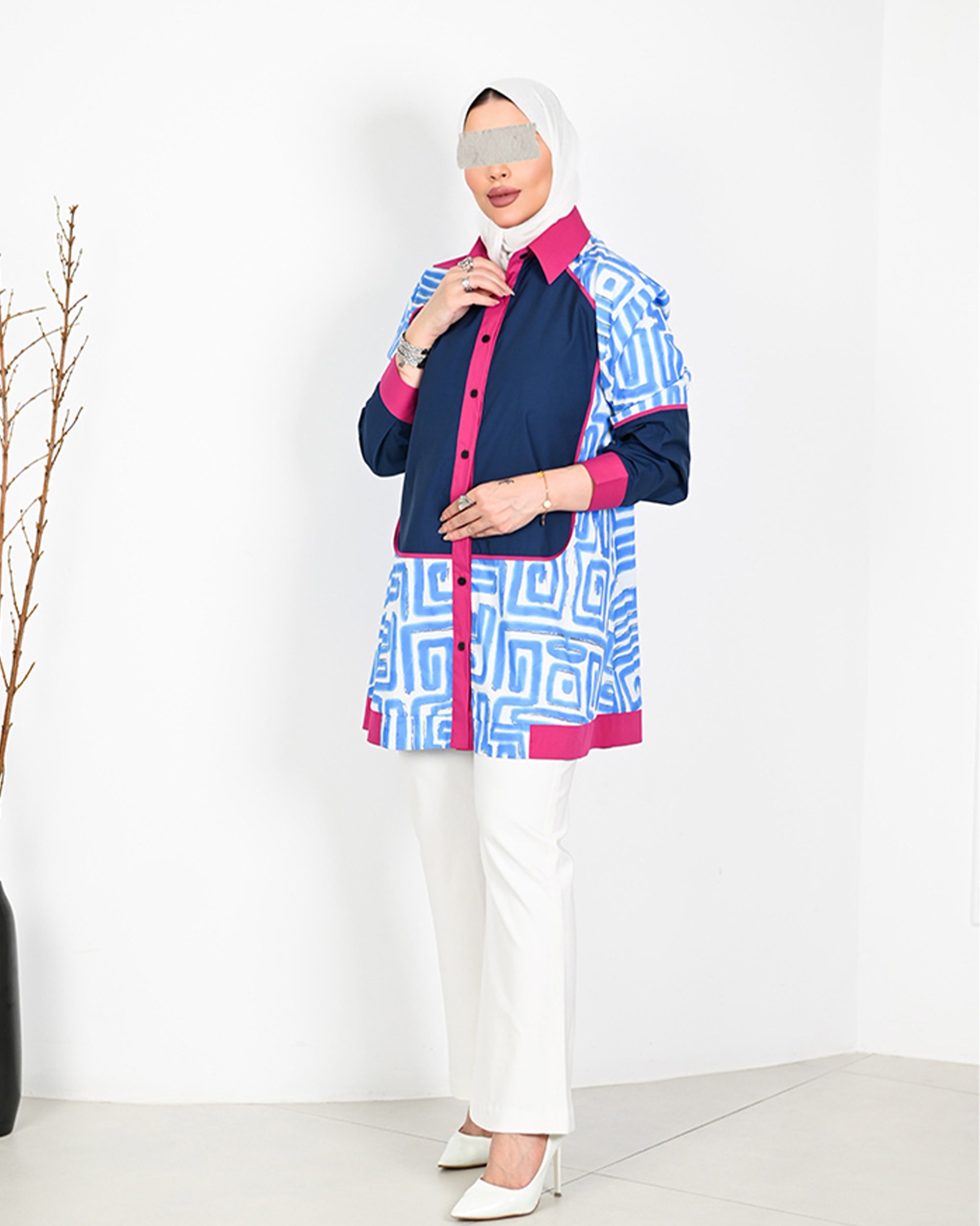 Geometric Poplin Shirt – Blue & Pink
