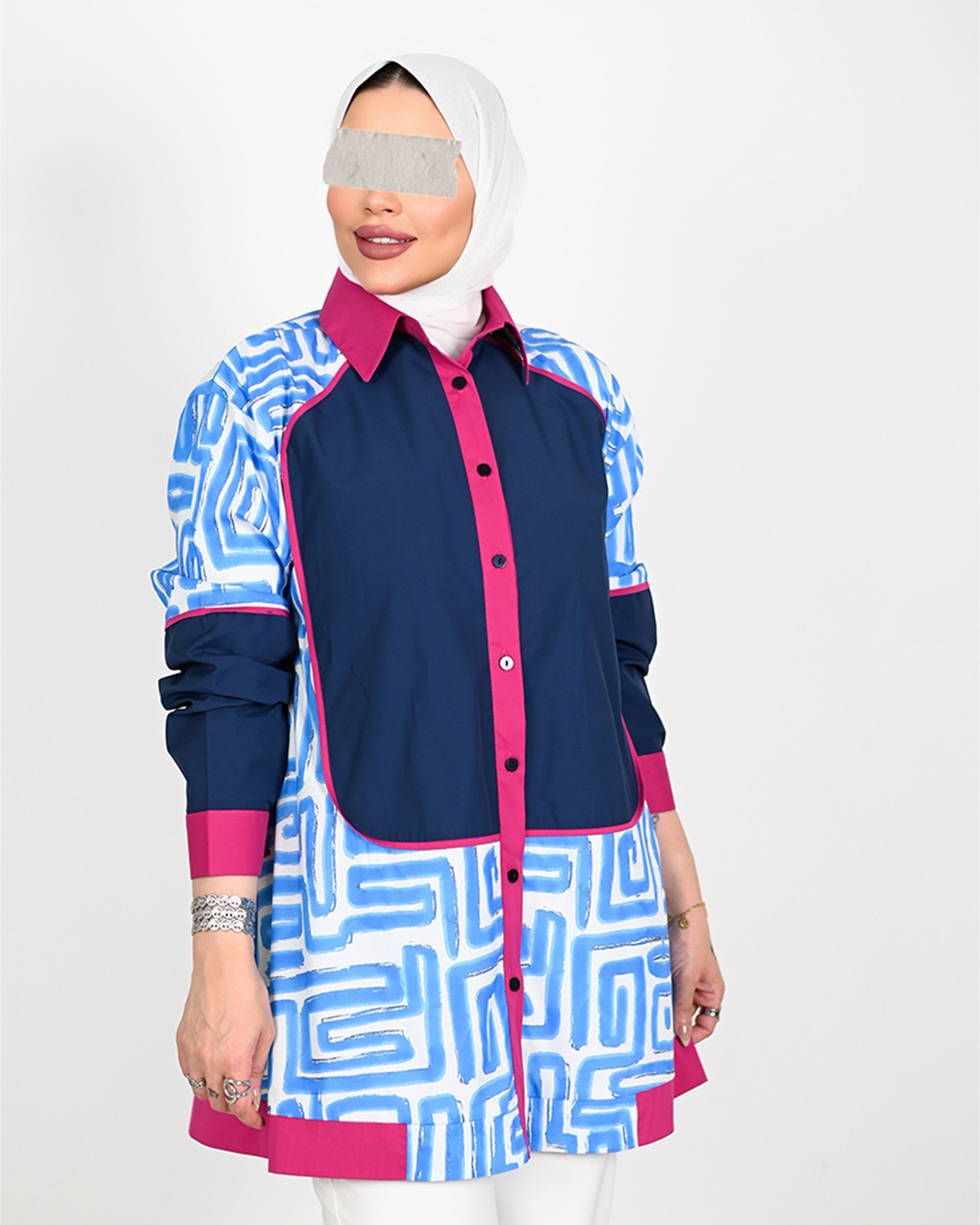 Geometric Poplin Shirt – Blue & Pink