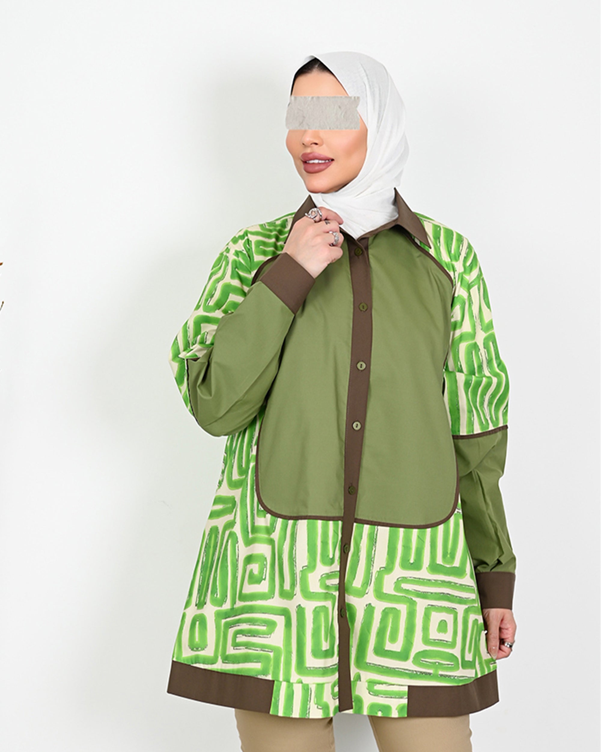 Geometric Poplin Shirt – Green & Brown
