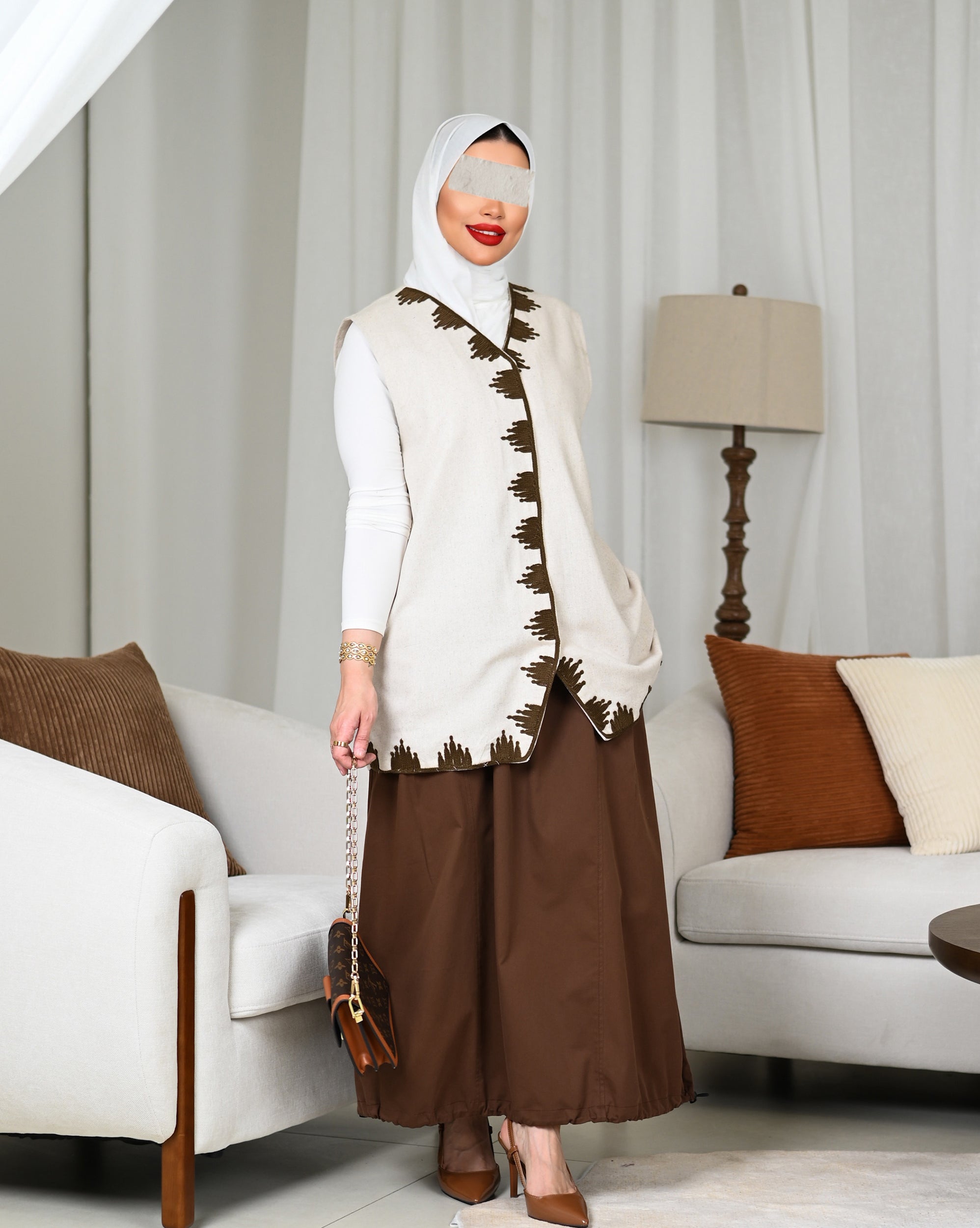 Beige Linen Embroidered Vest