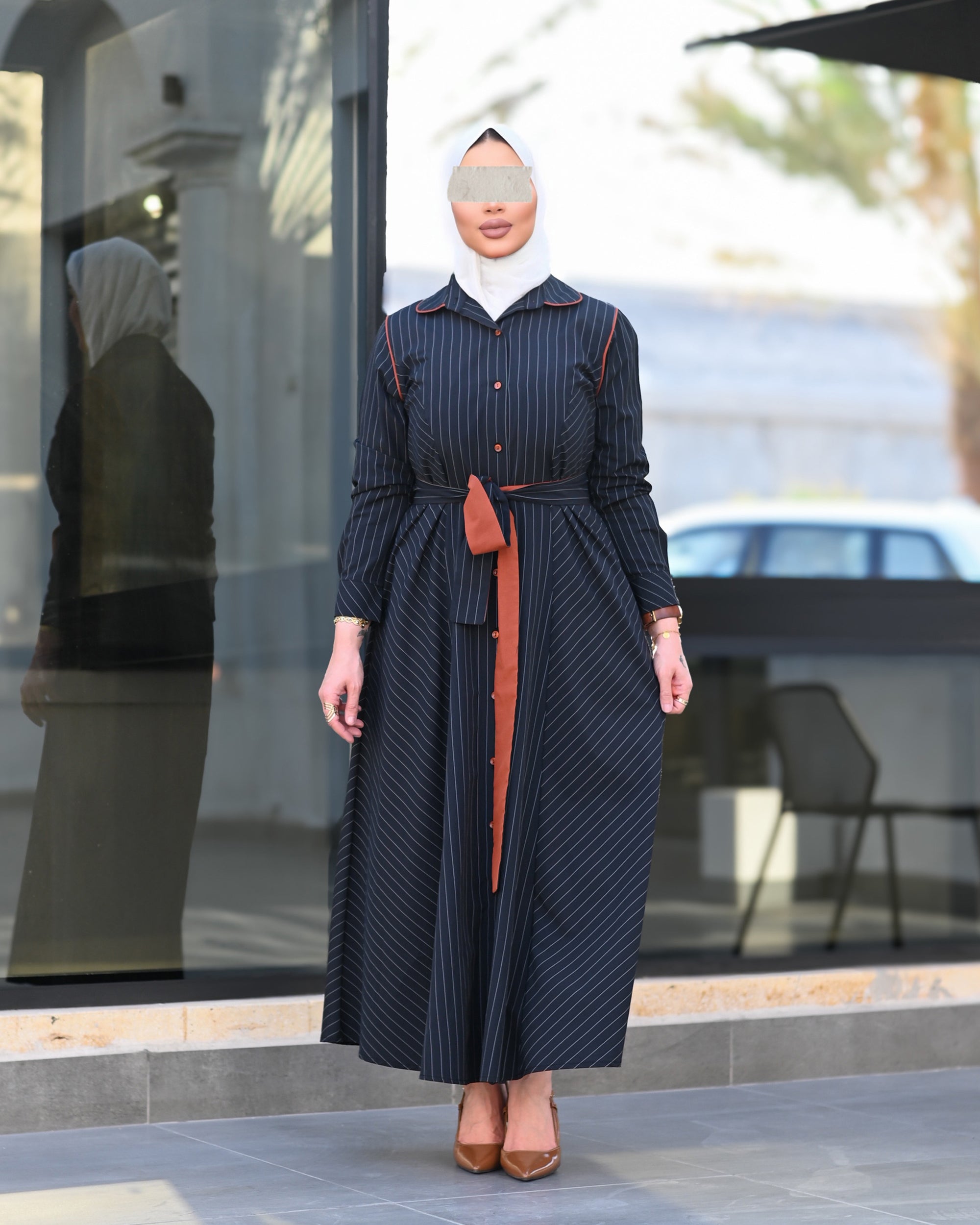 Striped Belted Poplin Navy Long Shirt