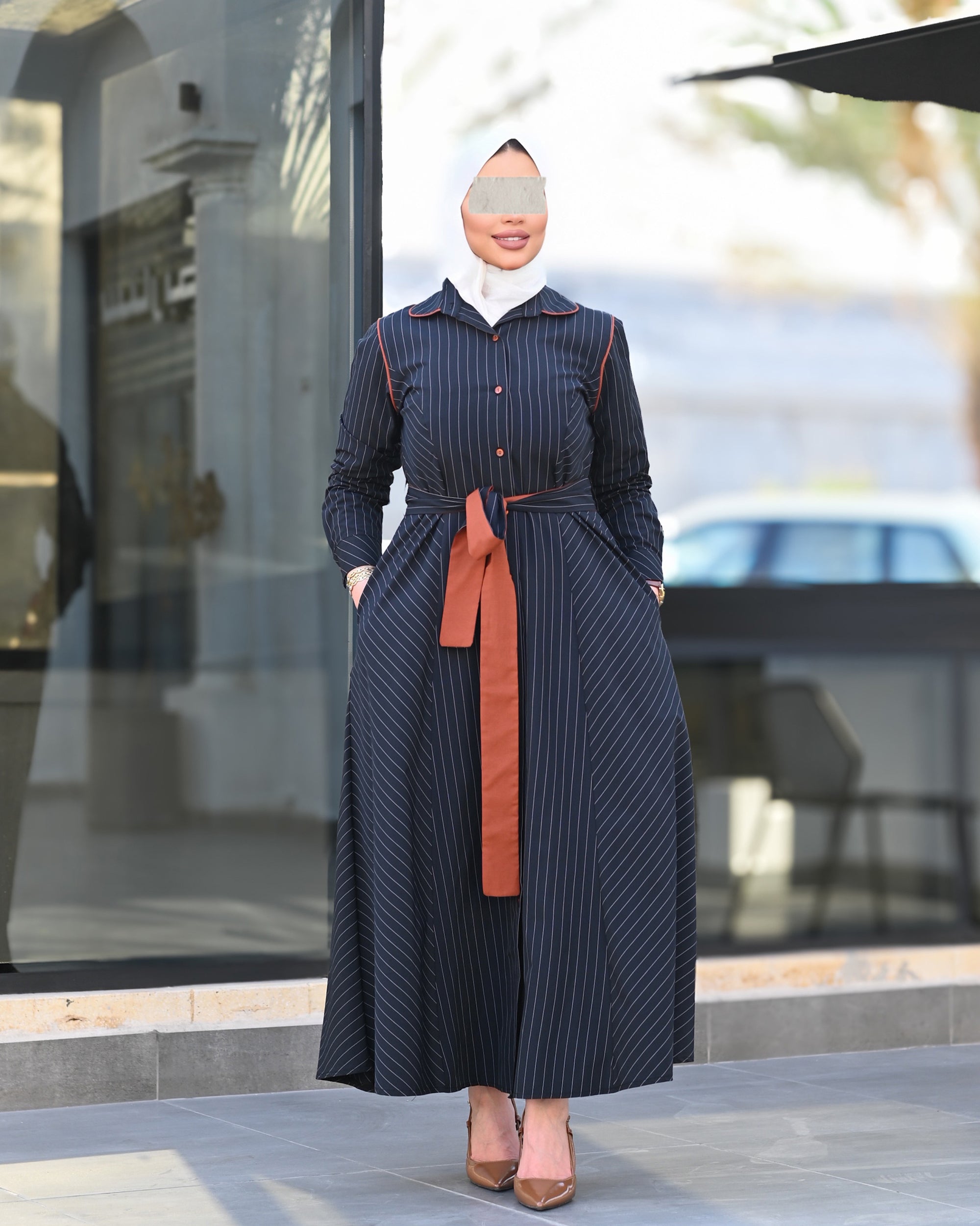 Striped Belted Poplin Navy Long Shirt