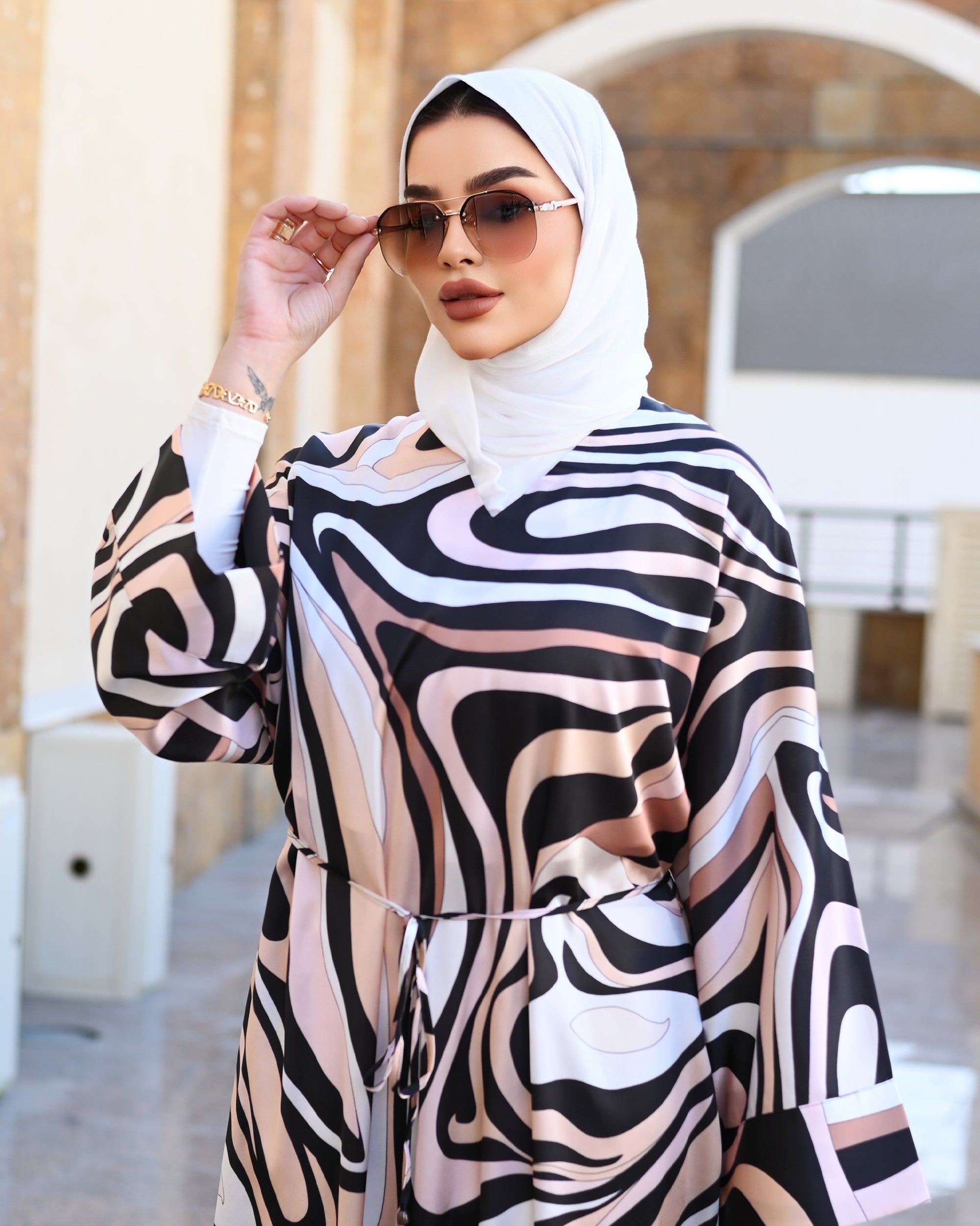 Abstract Silk Satin Dress – Blush Black