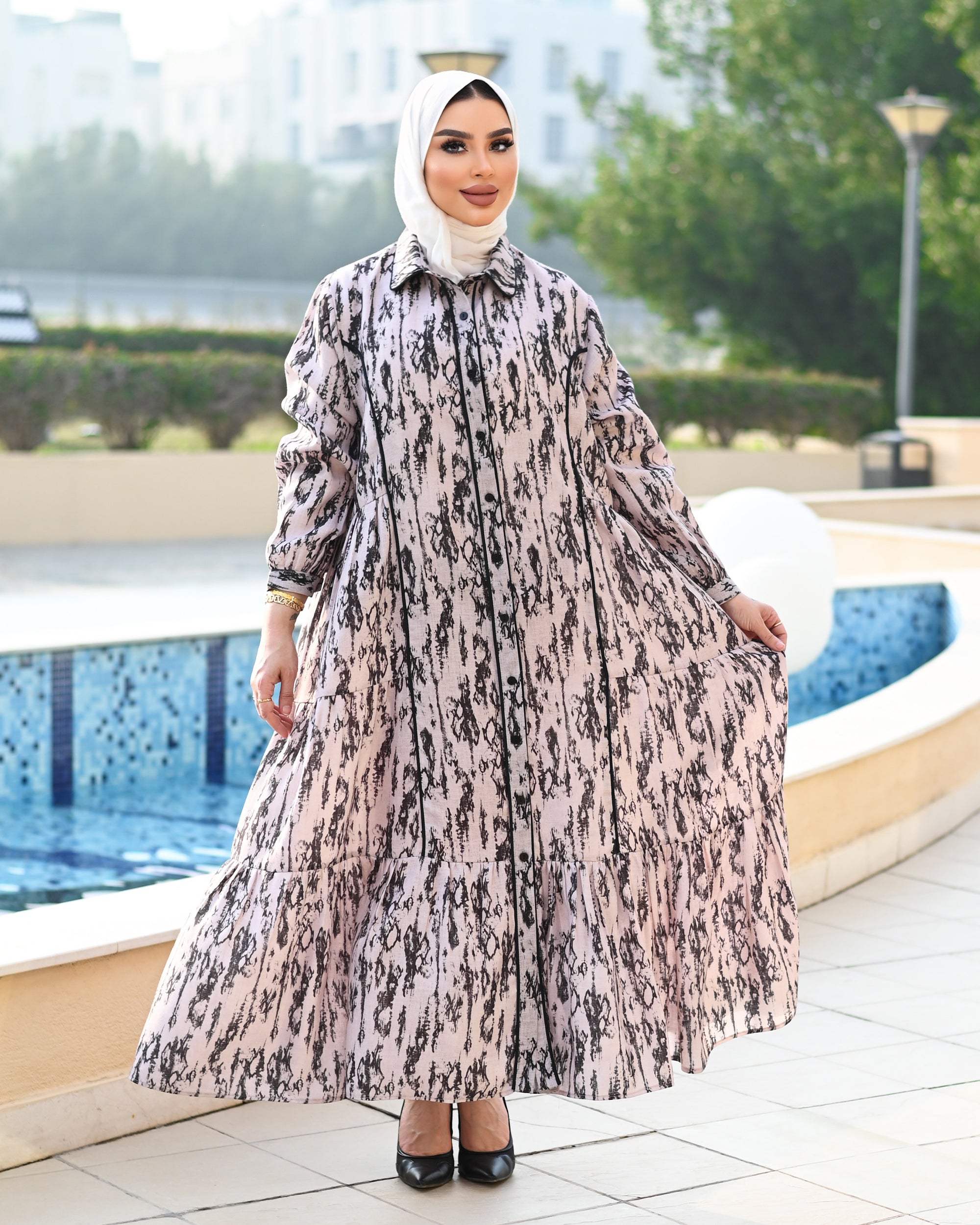 Patterned Linen Dress – Beige