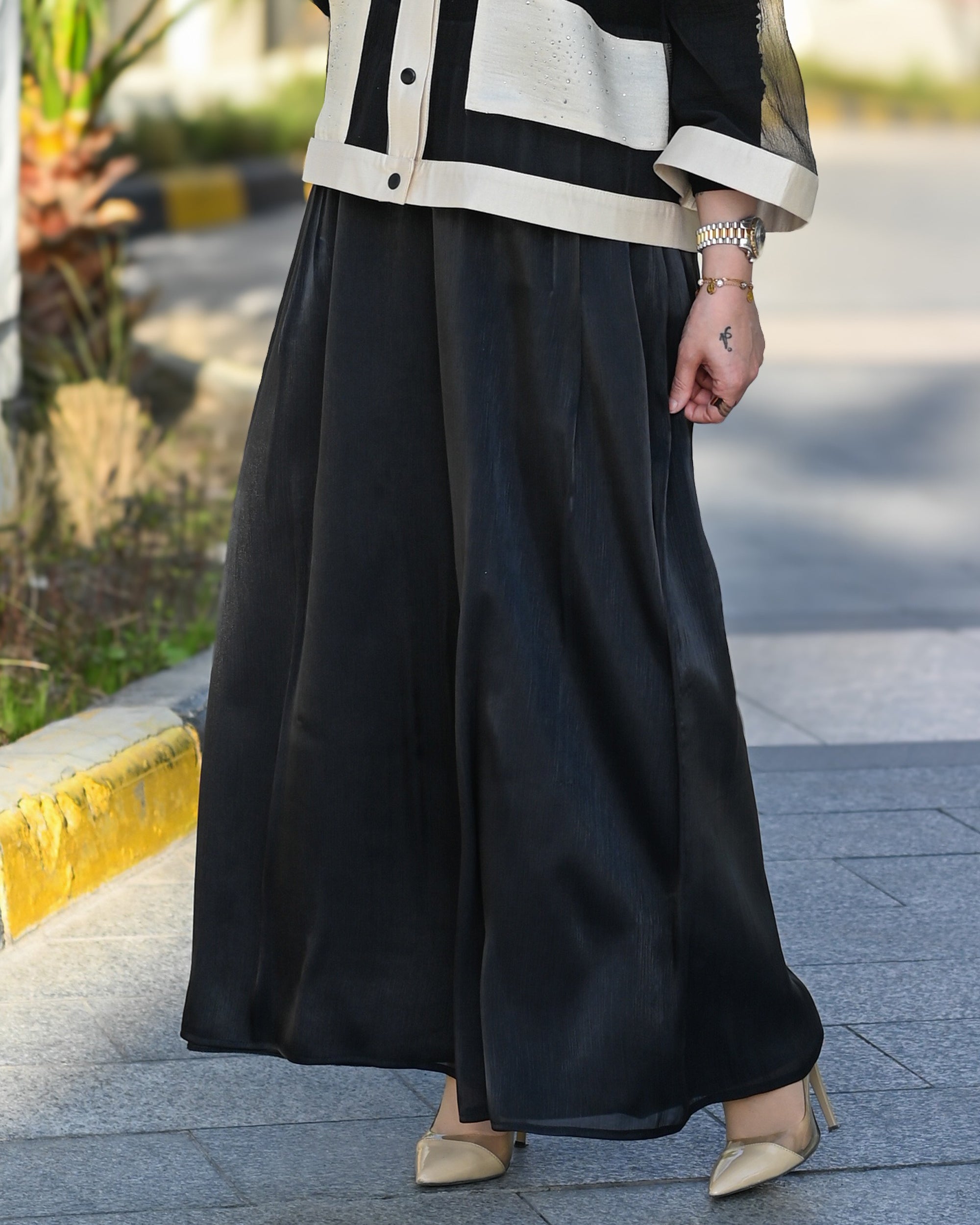 Midnight Organza Wide-Leg Pants – Black