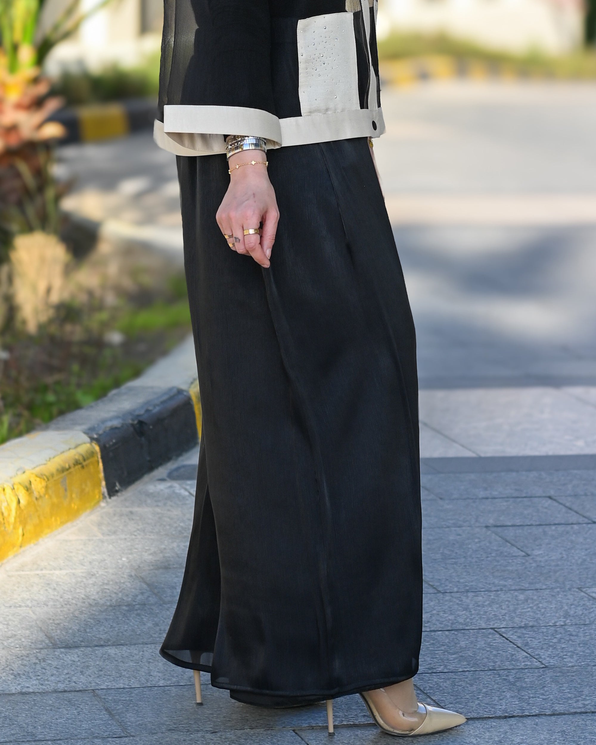 Midnight Organza Wide-Leg Pants – Black