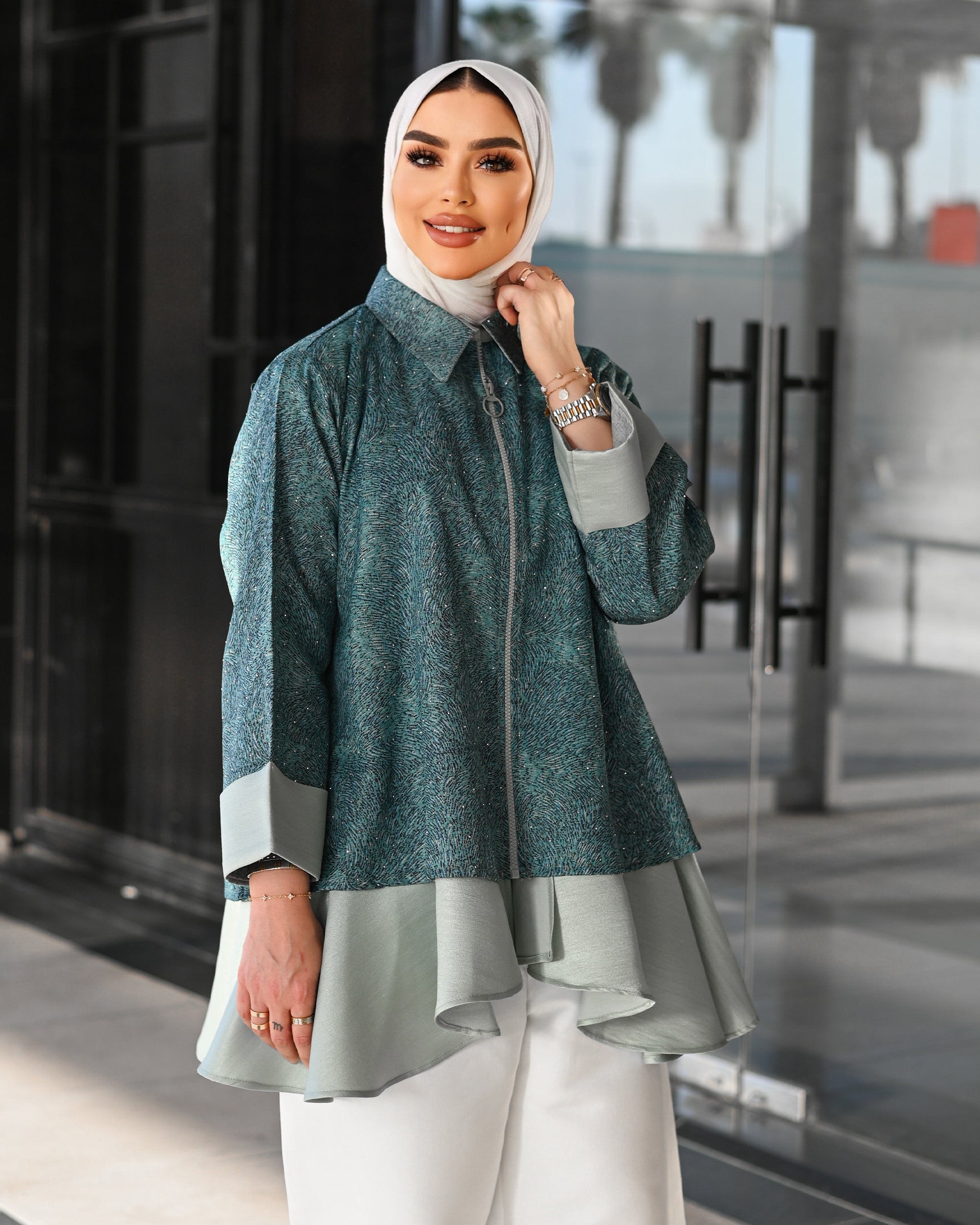 Layered Cotton Jacket – Teal Green