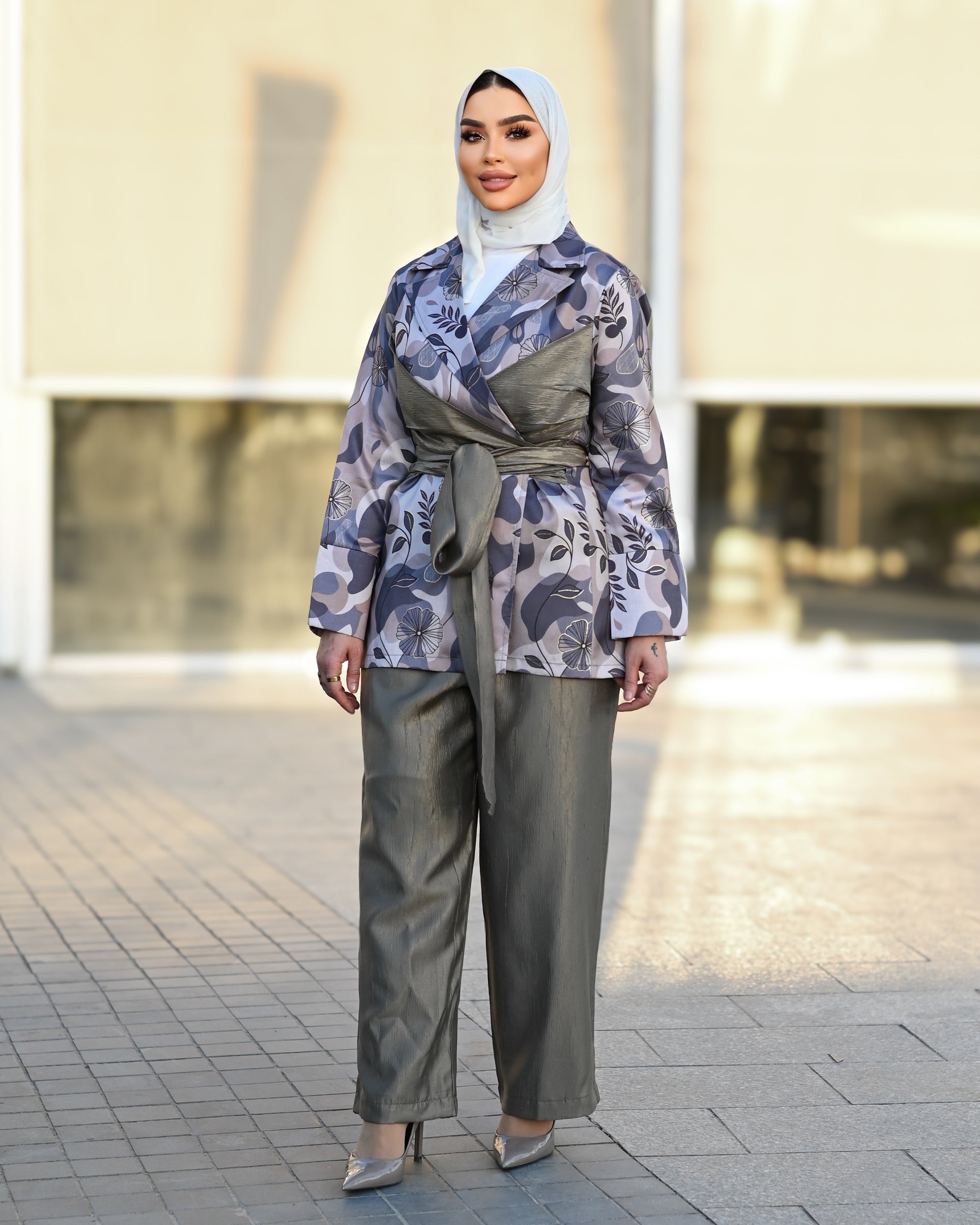 Floral Taffeta Set – Grey Olive
