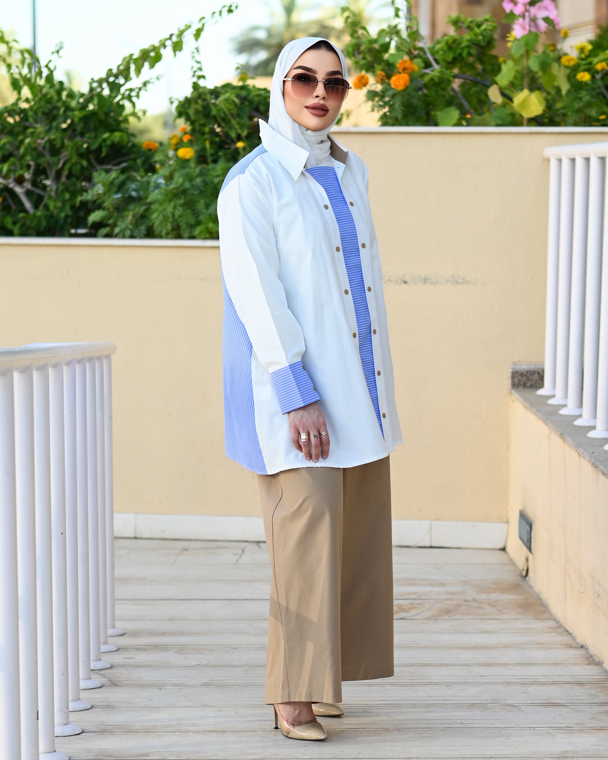 Contrast Stripe Poplin Shirt – White & Blue