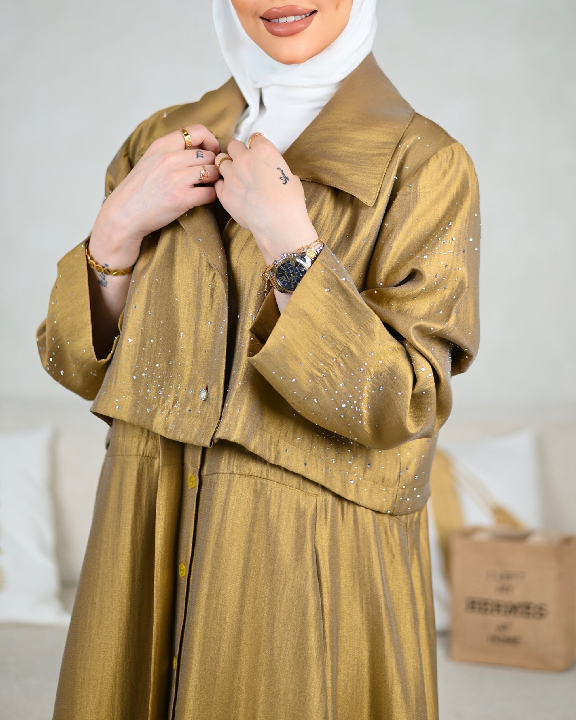 Crystal Shantung Dress – Bronze Gold