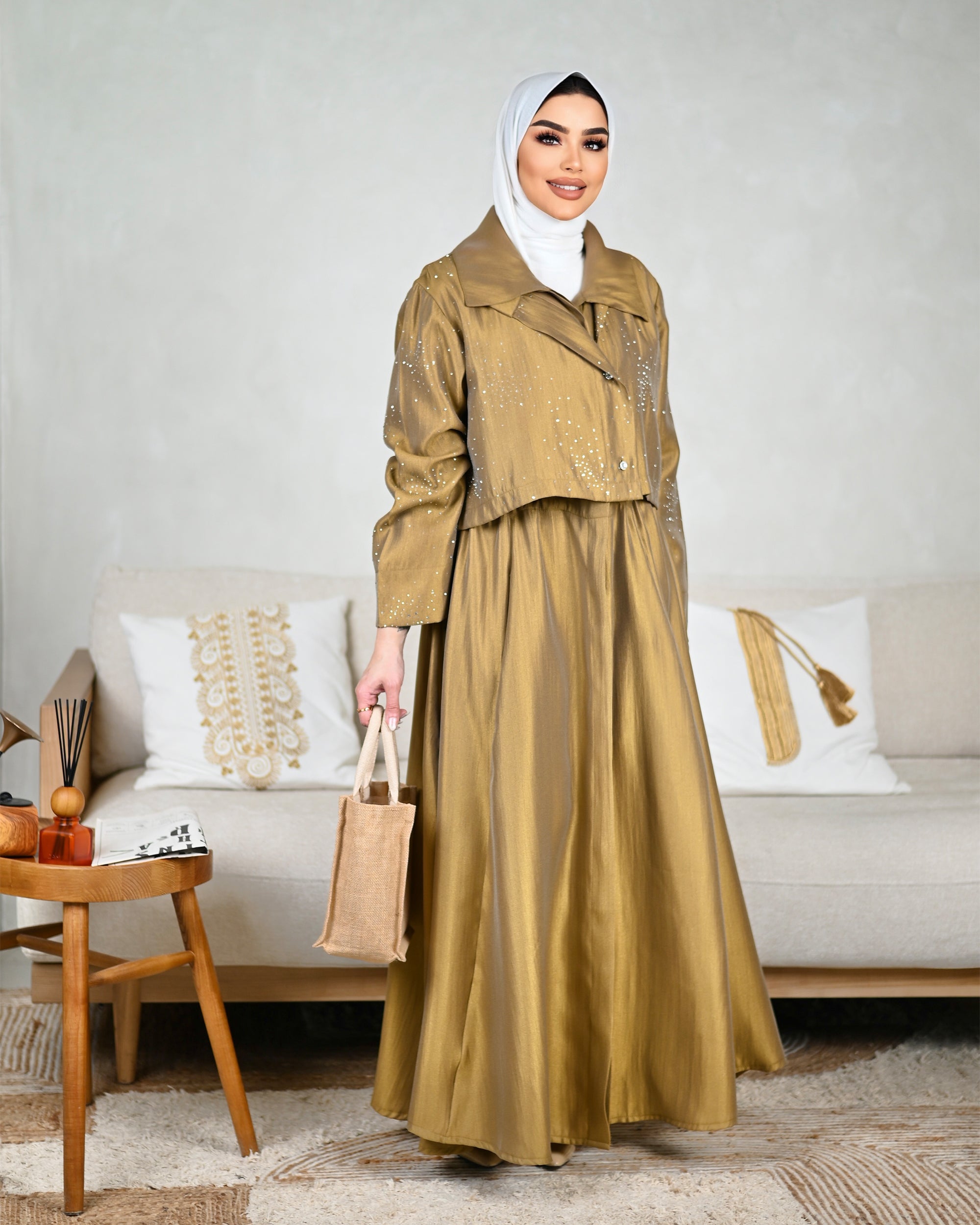 Crystal Shantung Dress – Bronze Gold