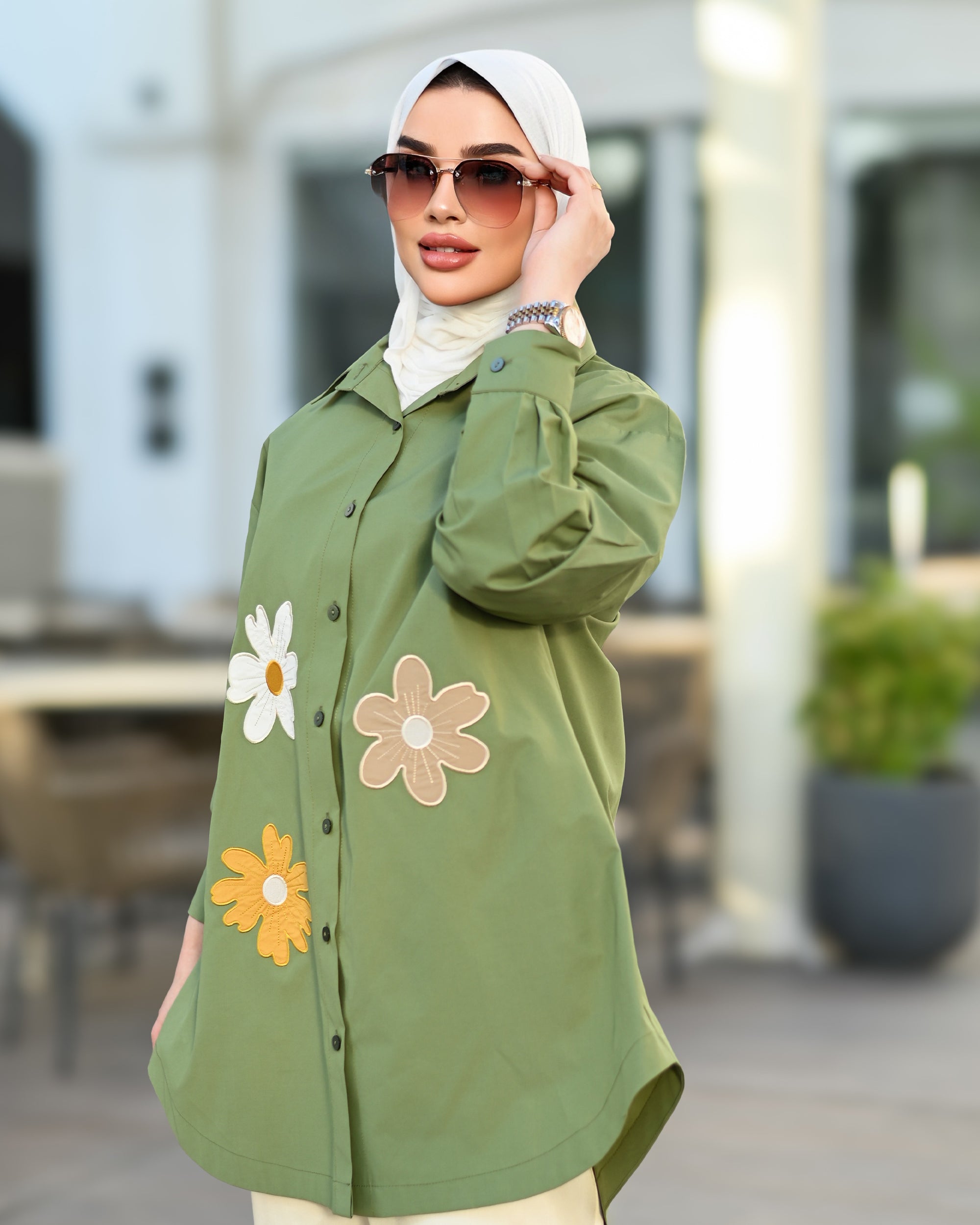 Floral Appliqué Poplin Shirt – Olive Green