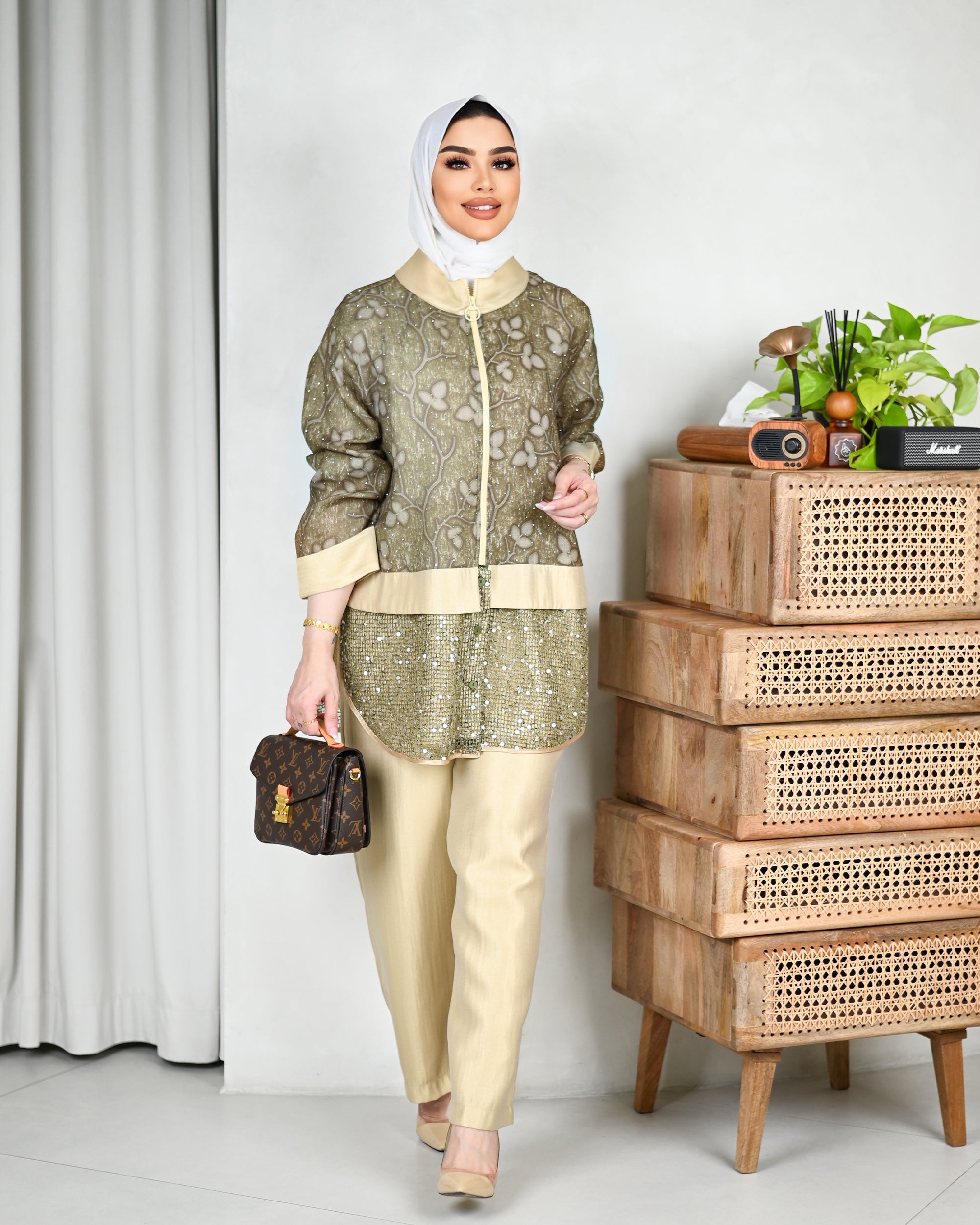 Embroidered Sequin Cotton Jacket – Olive Beige