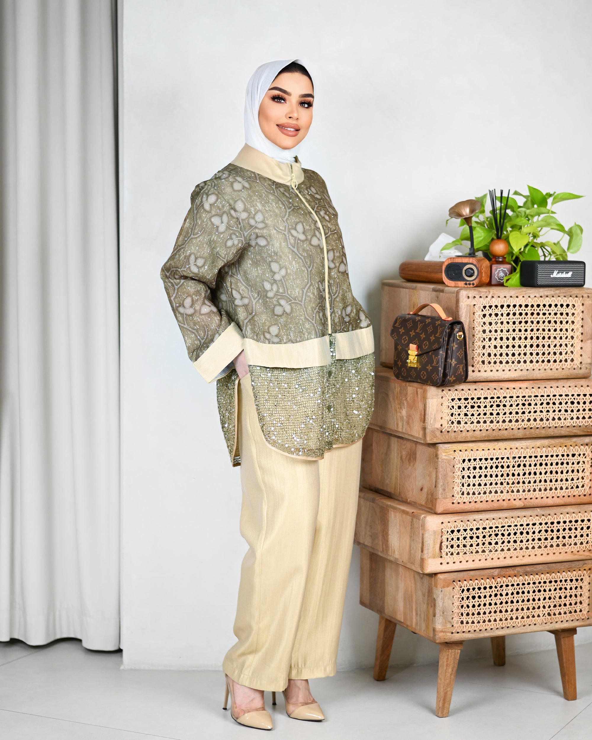 Embroidered Sequin Cotton Jacket – Olive Beige