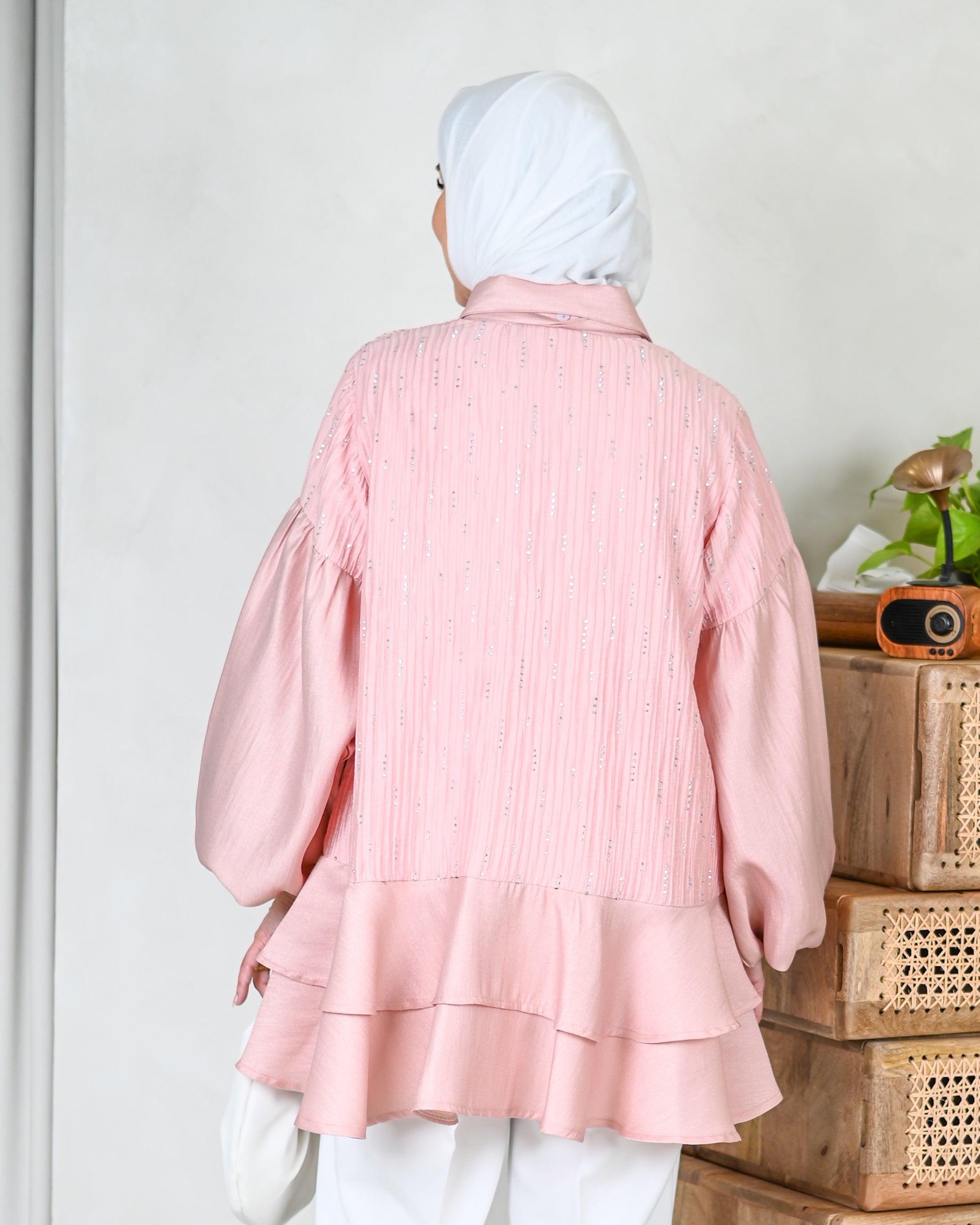 Crystal Tie-Neck Shantung Shirt – Blush Pink