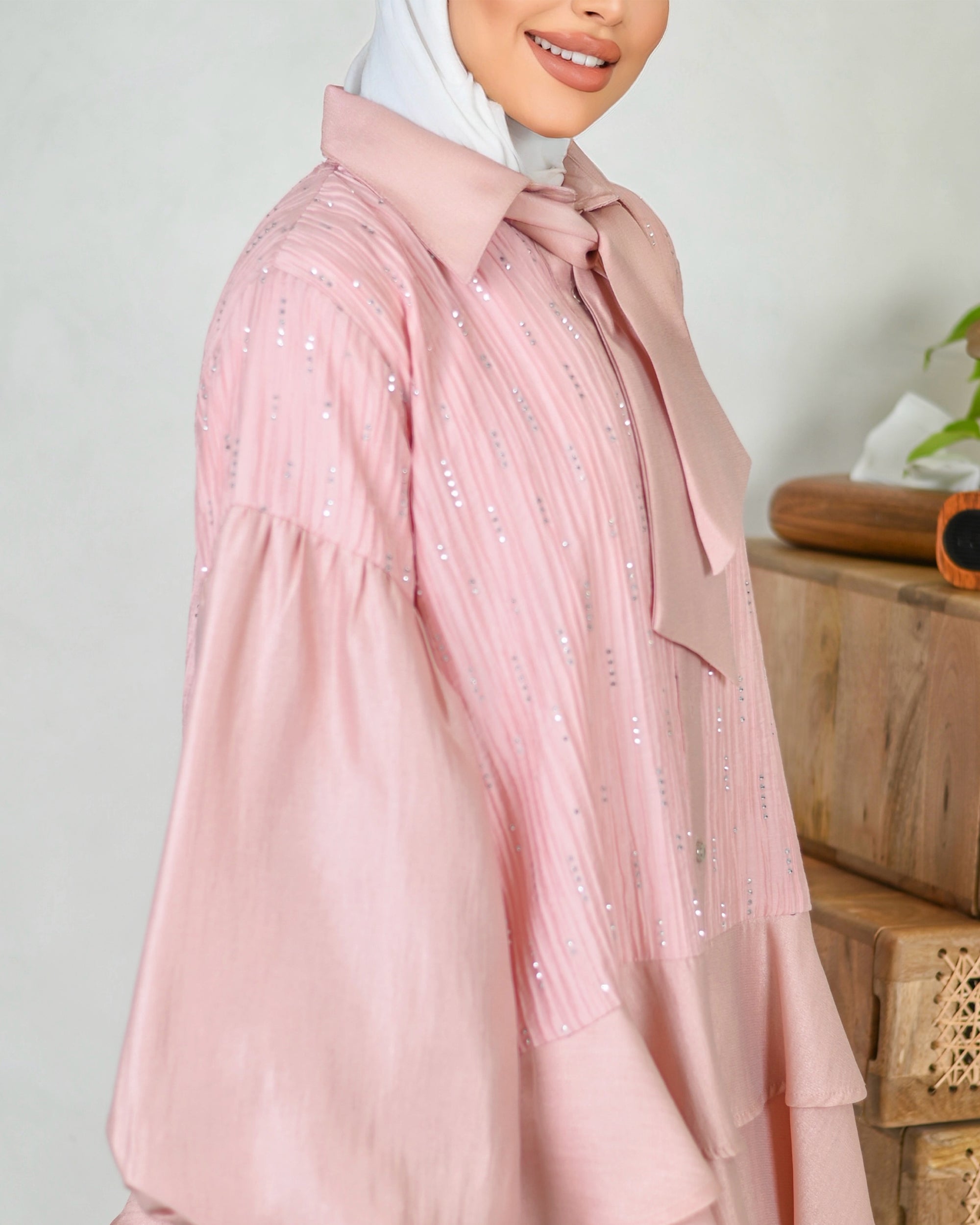 Crystal Tie-Neck Shantung Shirt – Blush Pink