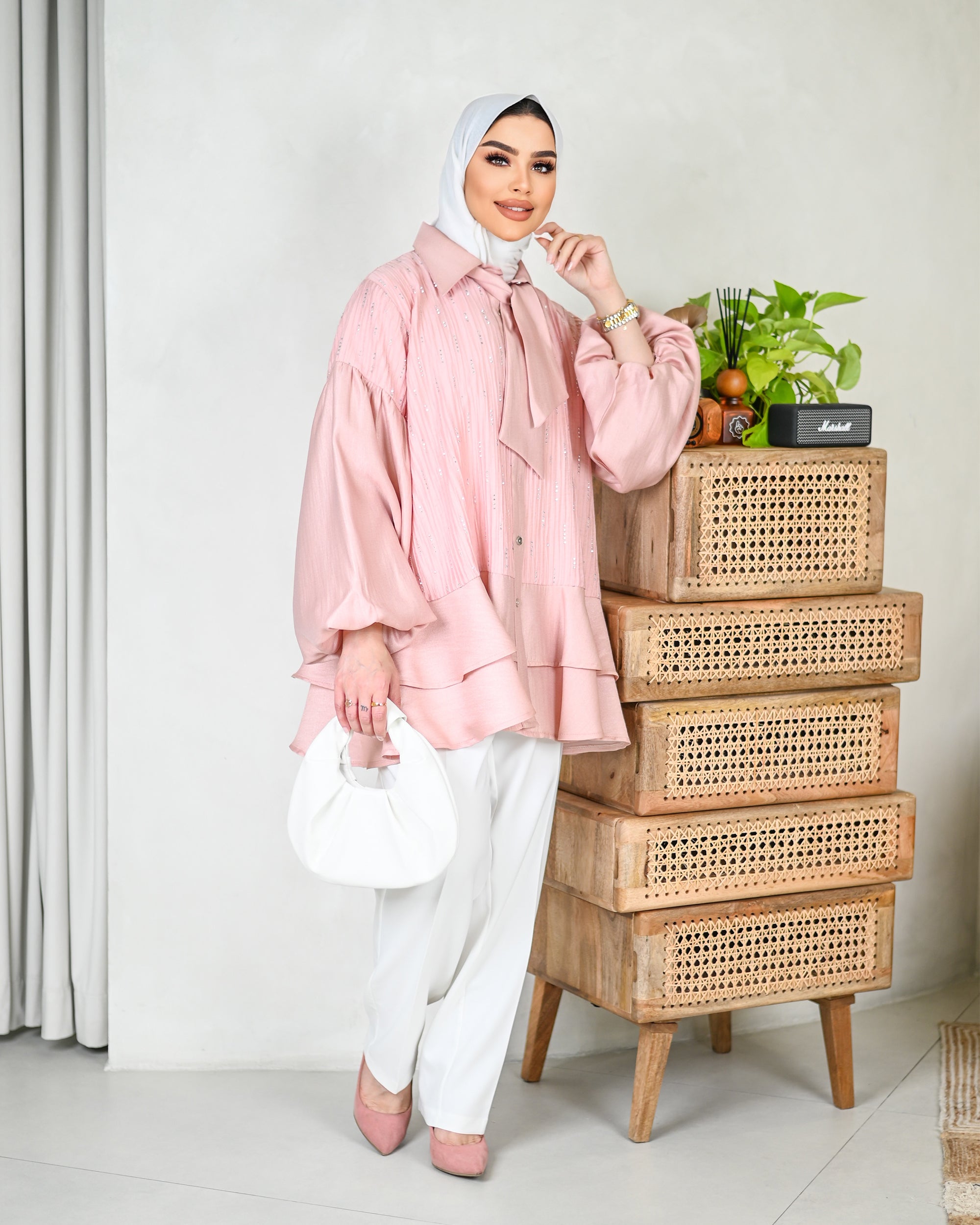 Crystal Tie-Neck Shantung Shirt – Blush Pink