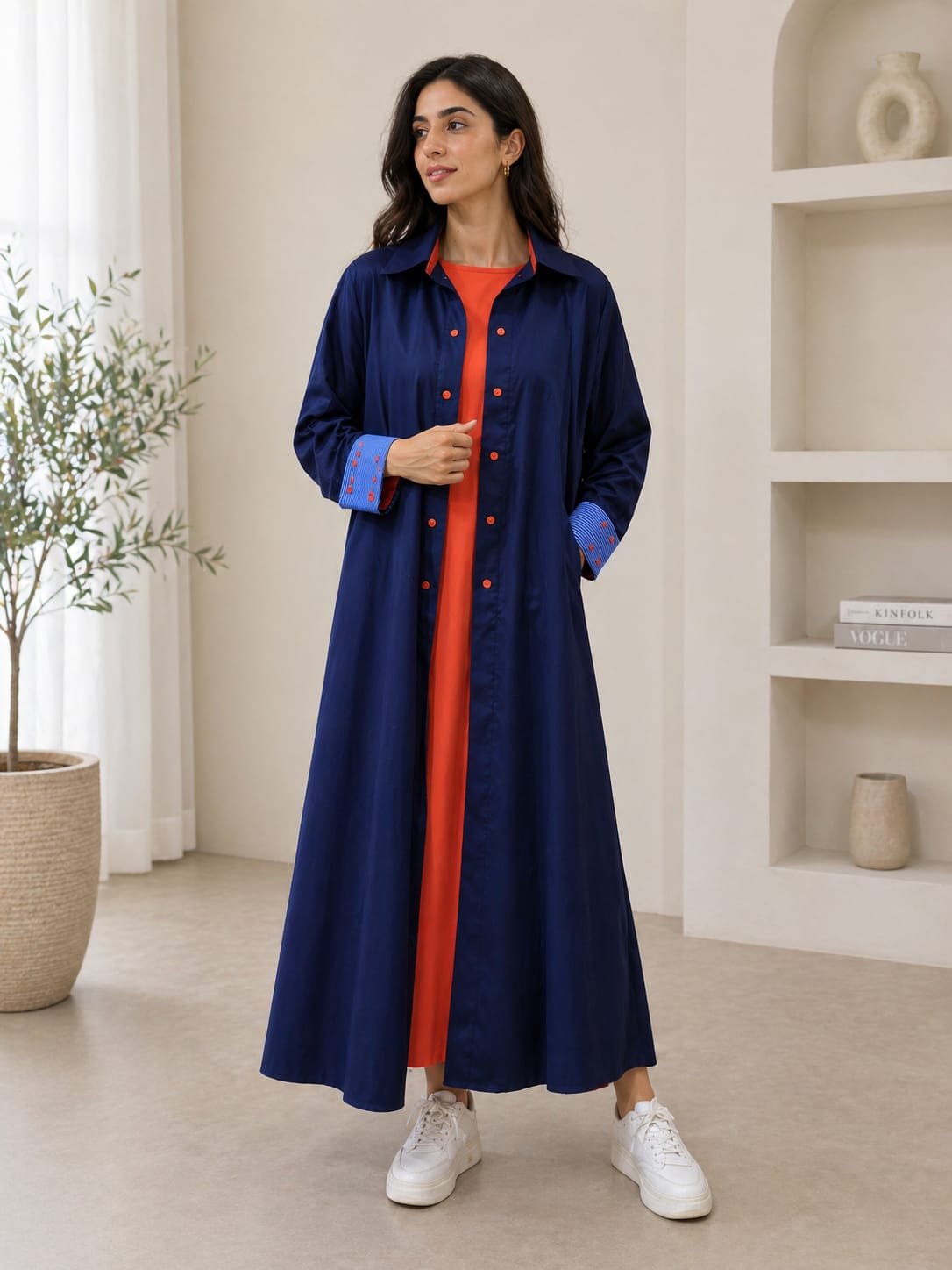 Midnight Contrast Poplin Dress – Navy Blue