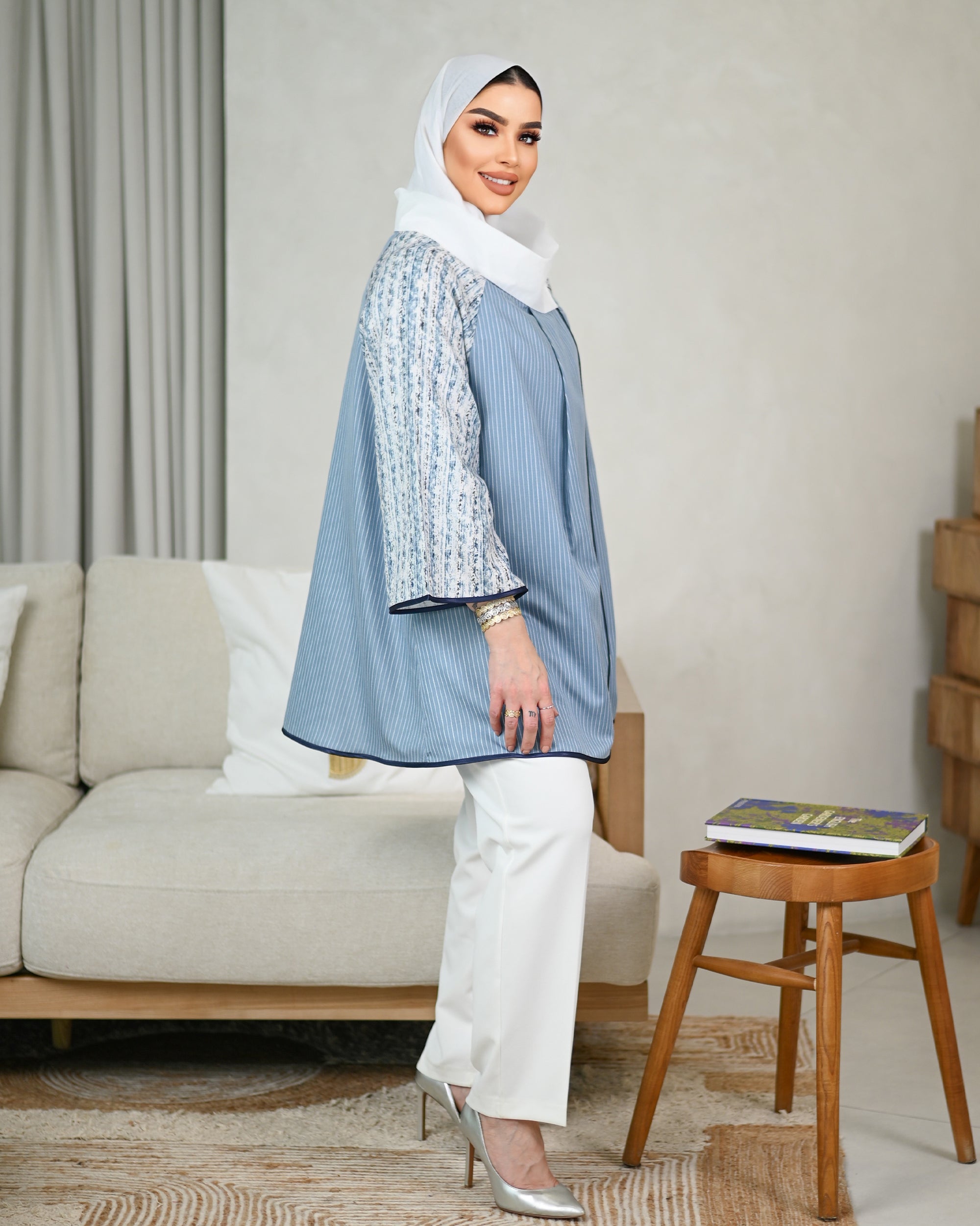 Contrast Trim Cotton Shirt – Blue