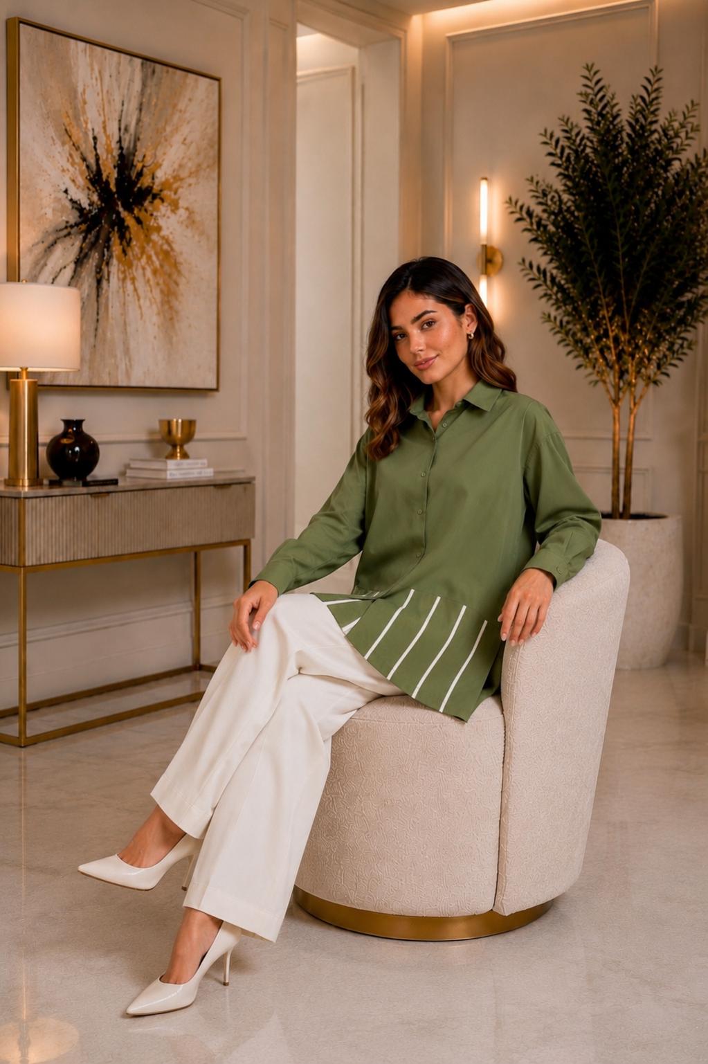 Striped-Hem Poplin Shirt – Olive Green