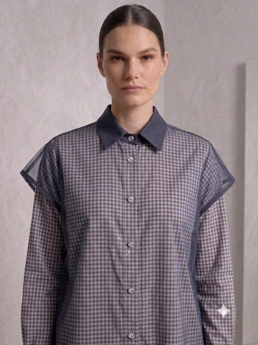 Gingham Contrast Poplin Shirt – Navy Blue