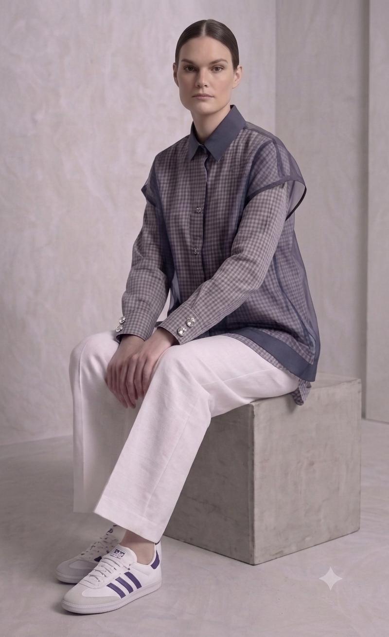 Gingham Contrast Poplin Shirt – Navy Blue