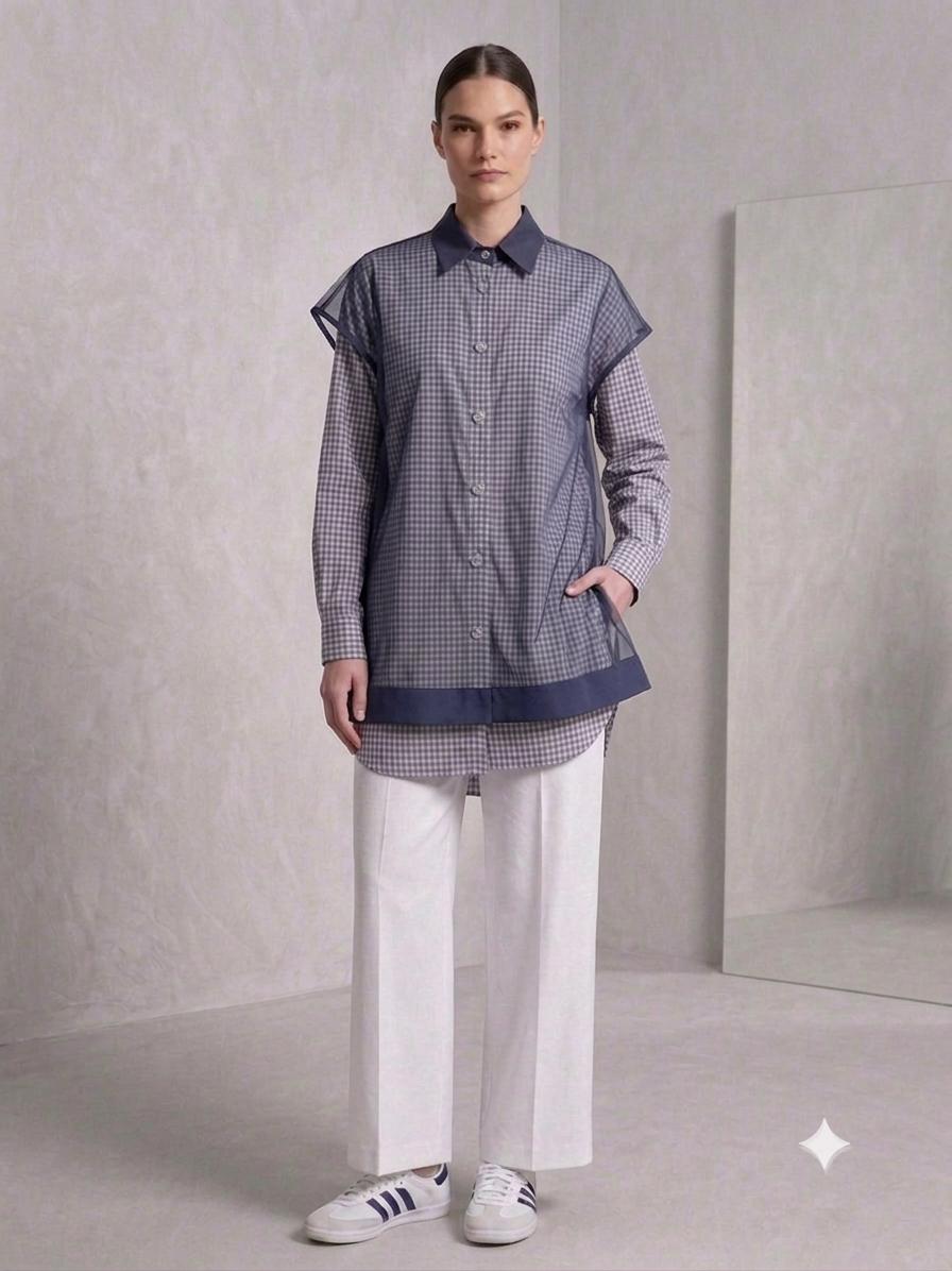 Gingham Contrast Poplin Shirt – Navy Blue
