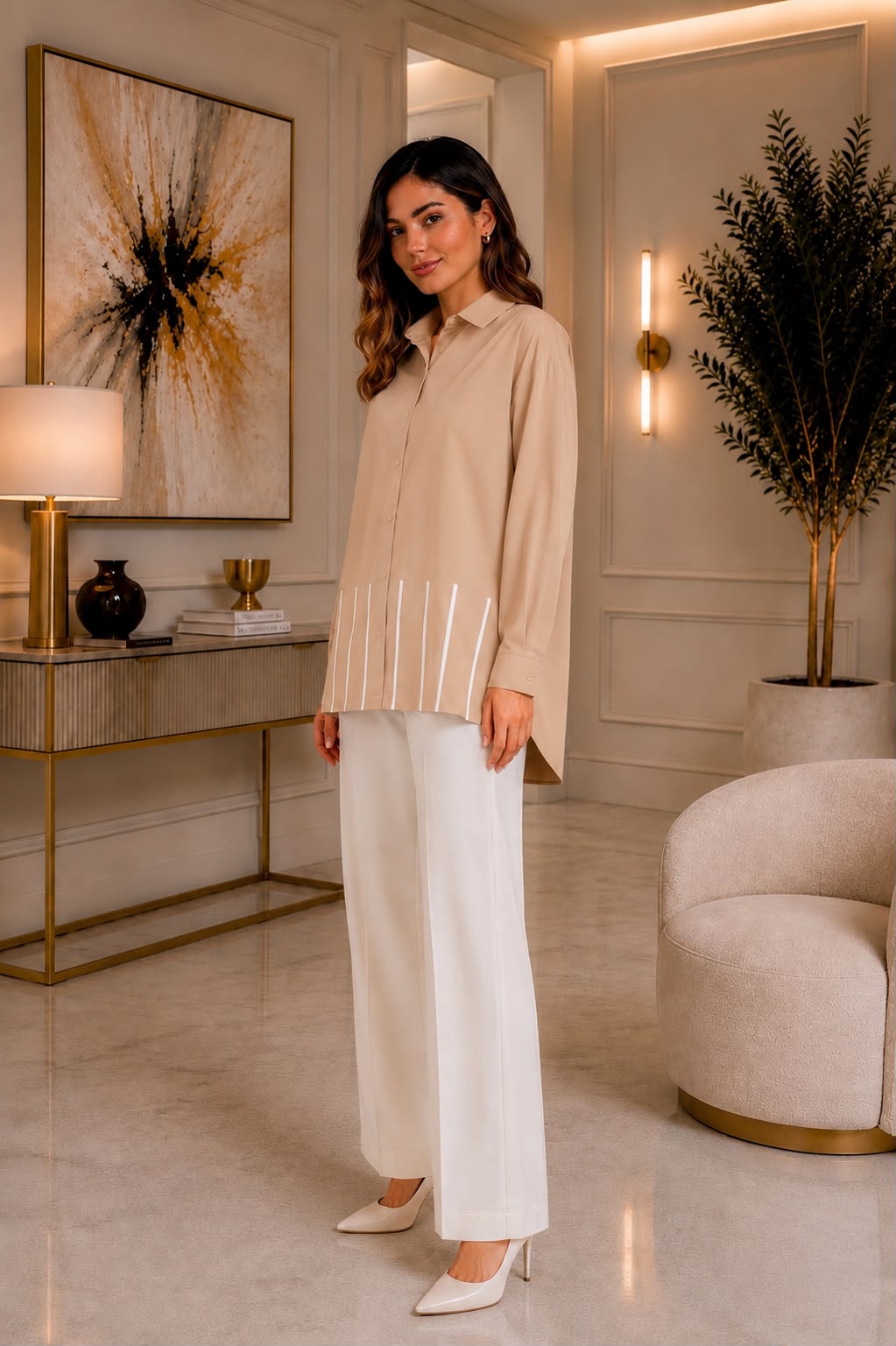 Striped-Hem Poplin Shirt – Sand Beige