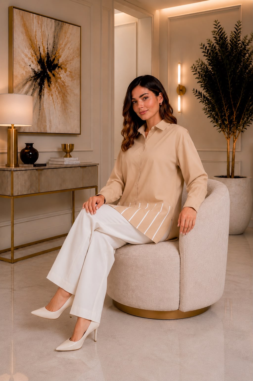Striped-Hem Poplin Shirt – Sand Beige