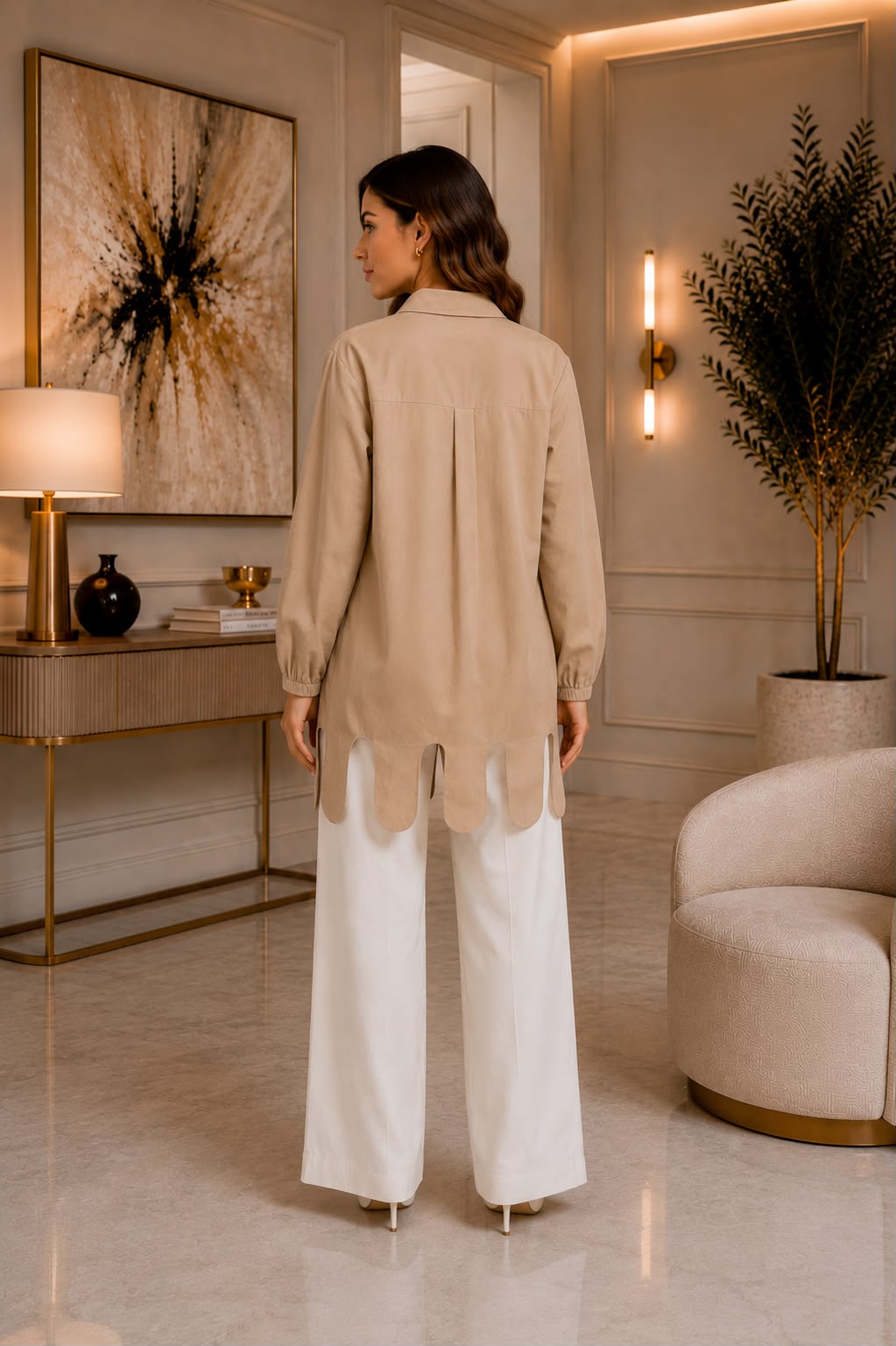 Abstract Scalloped-Hem Poplin Shirt – Sand Beige