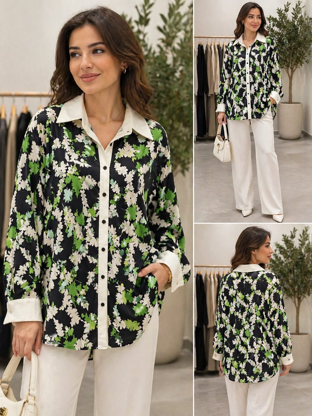 Floral Contrast Poplin Shirt – Black & Green