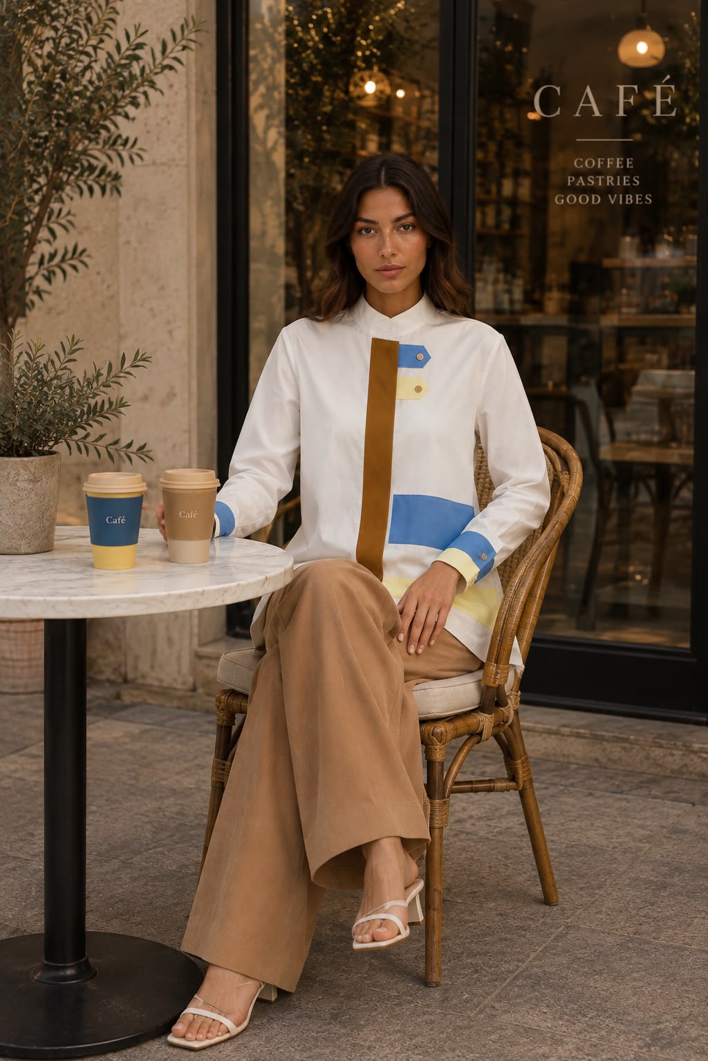 Color Block Poplin Shirt – White, Caramel & Sky Blue