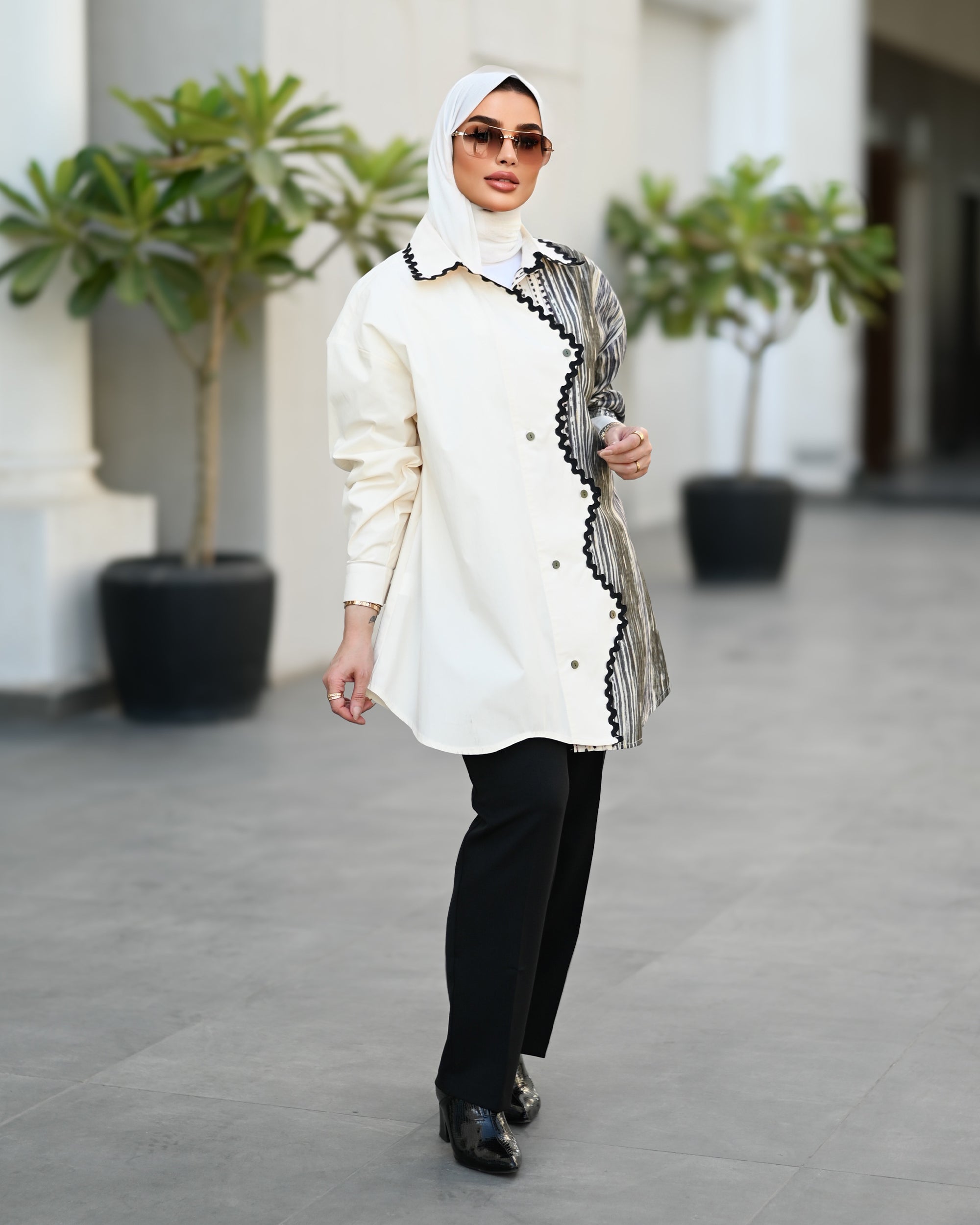 Abstract Contrast Parachute Shirt – Ivory & Olive