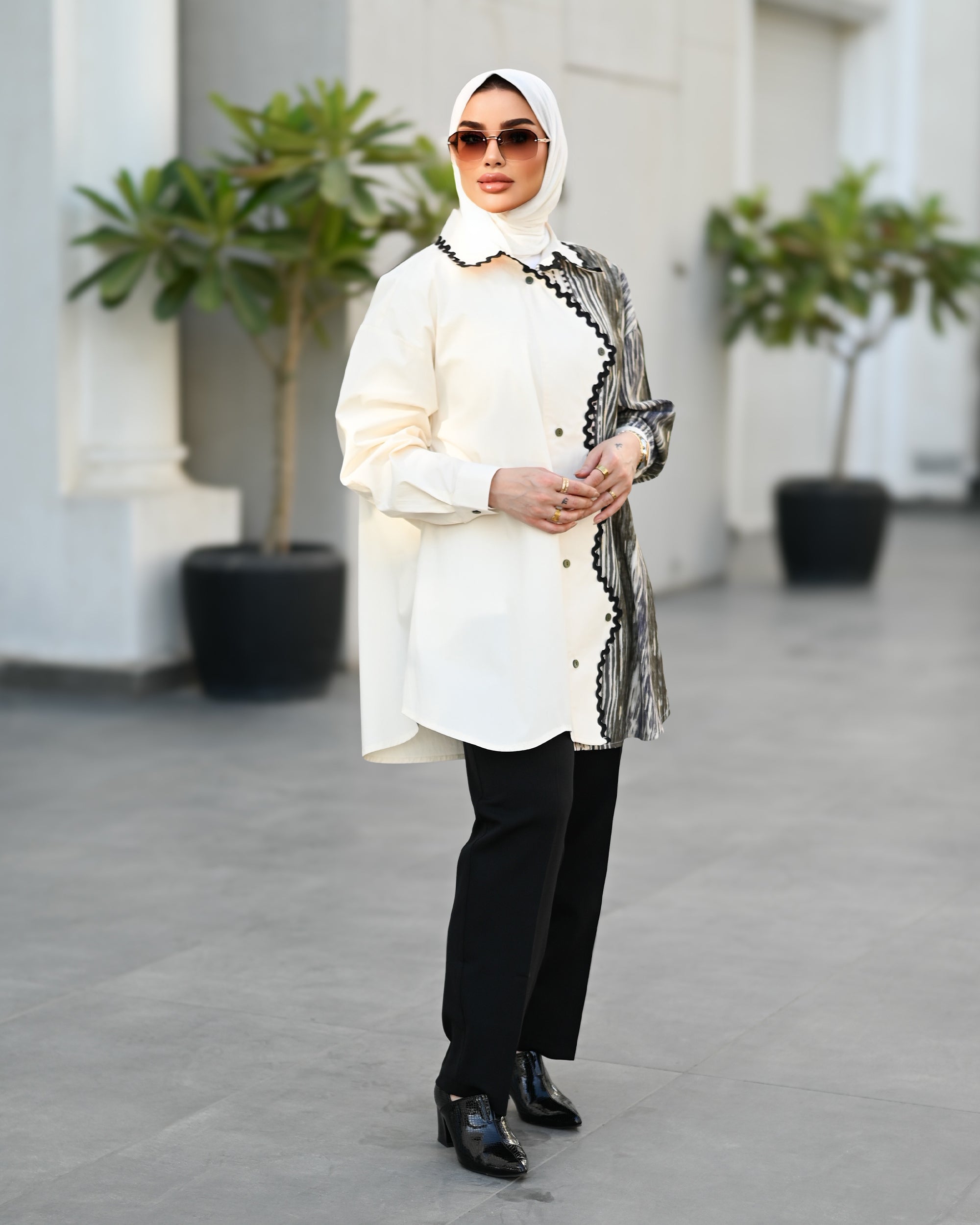 Abstract Contrast Parachute Shirt – Ivory & Olive