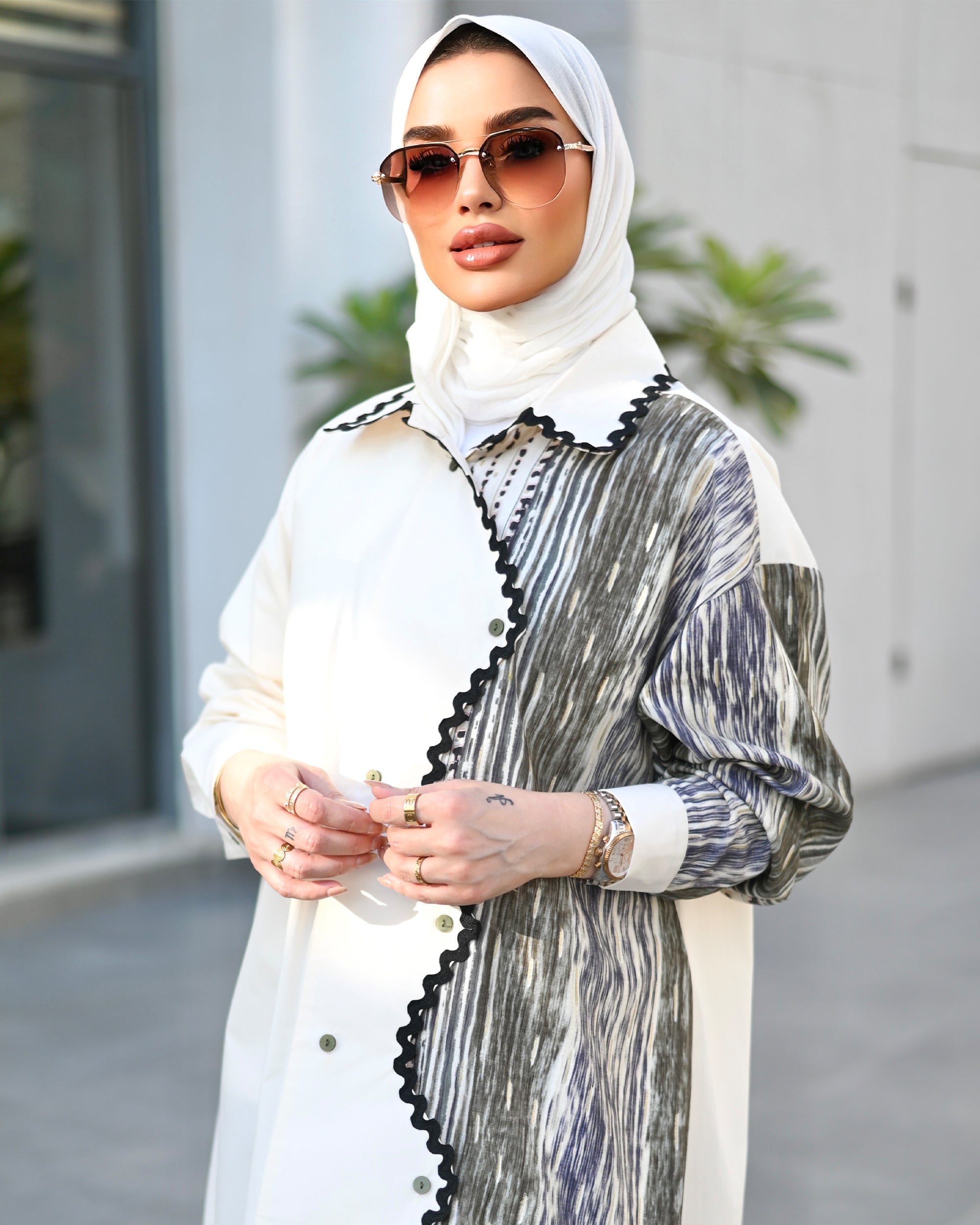 Abstract Contrast Parachute Shirt – Ivory & Olive