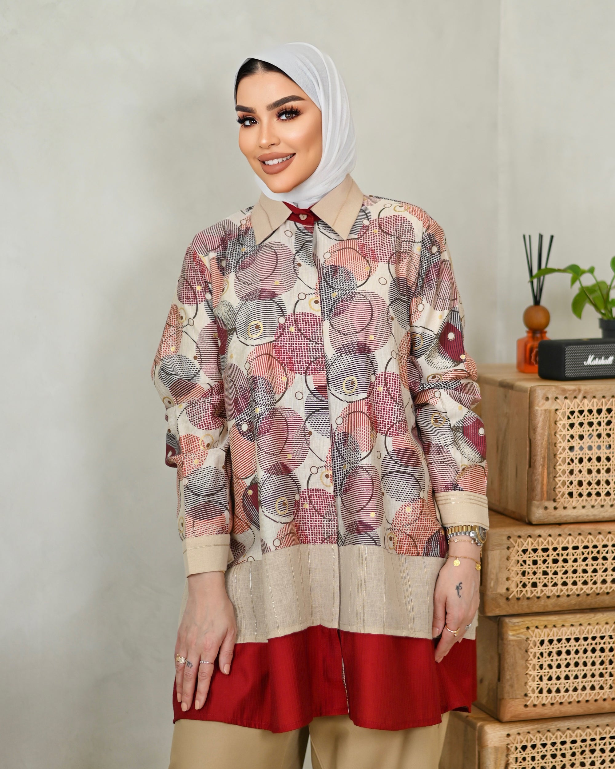 Artistic Linen Shirt – Red & Beige