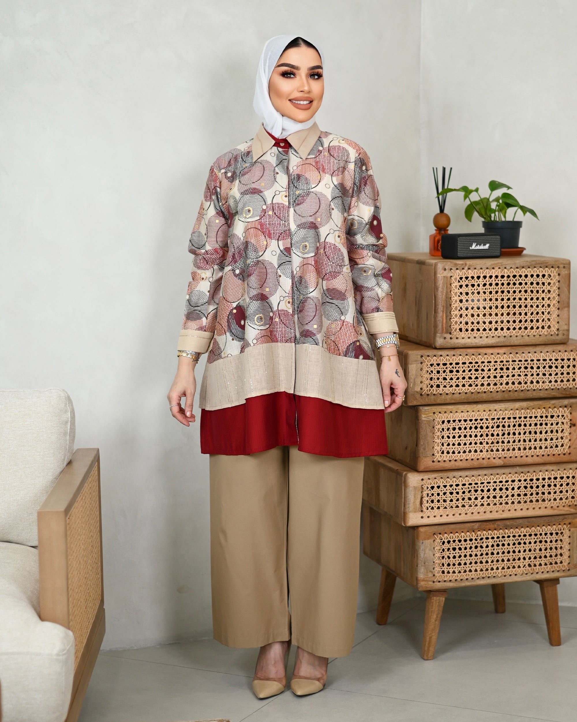 Artistic Linen Shirt – Red & Beige