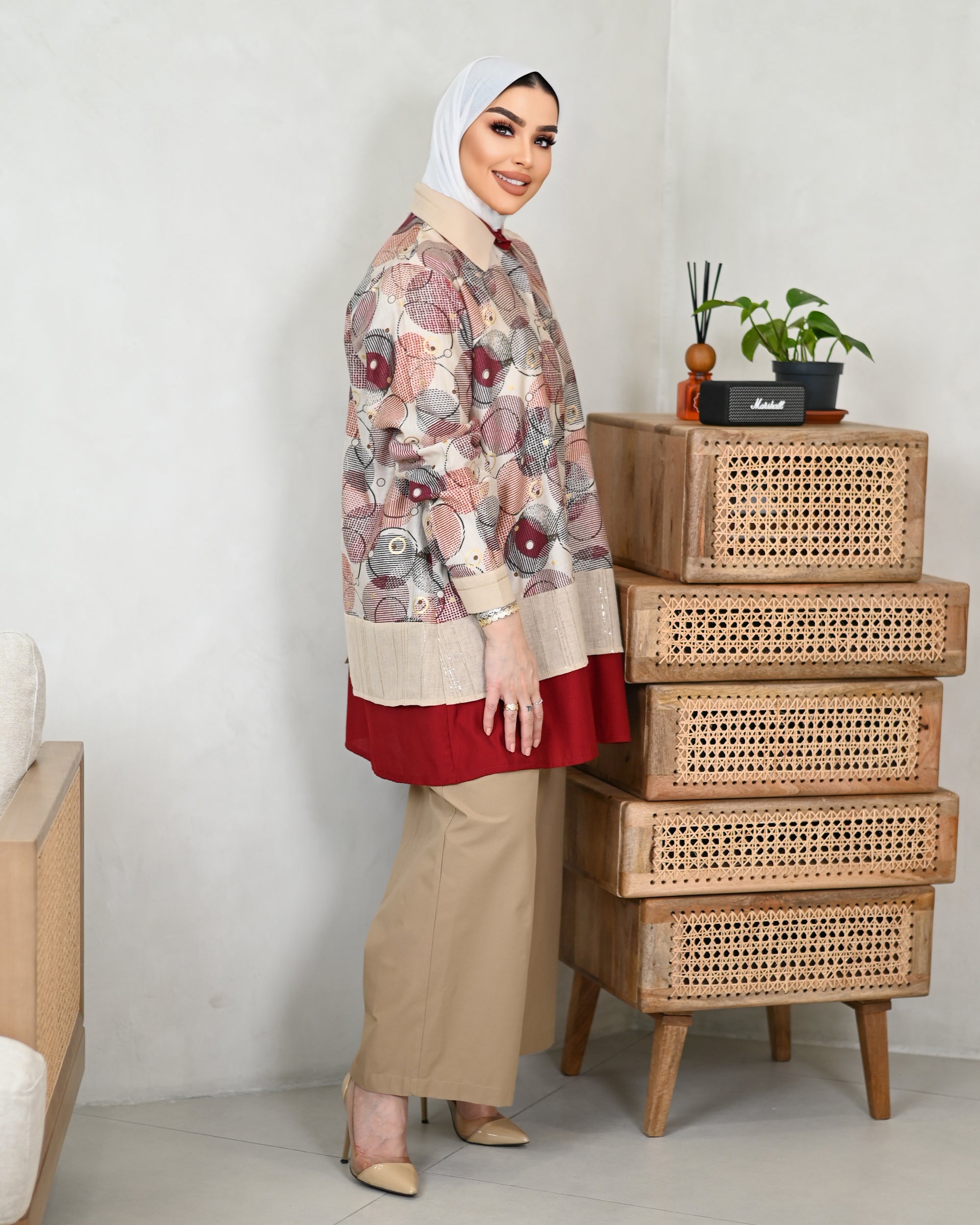 Artistic Linen Shirt – Red & Beige