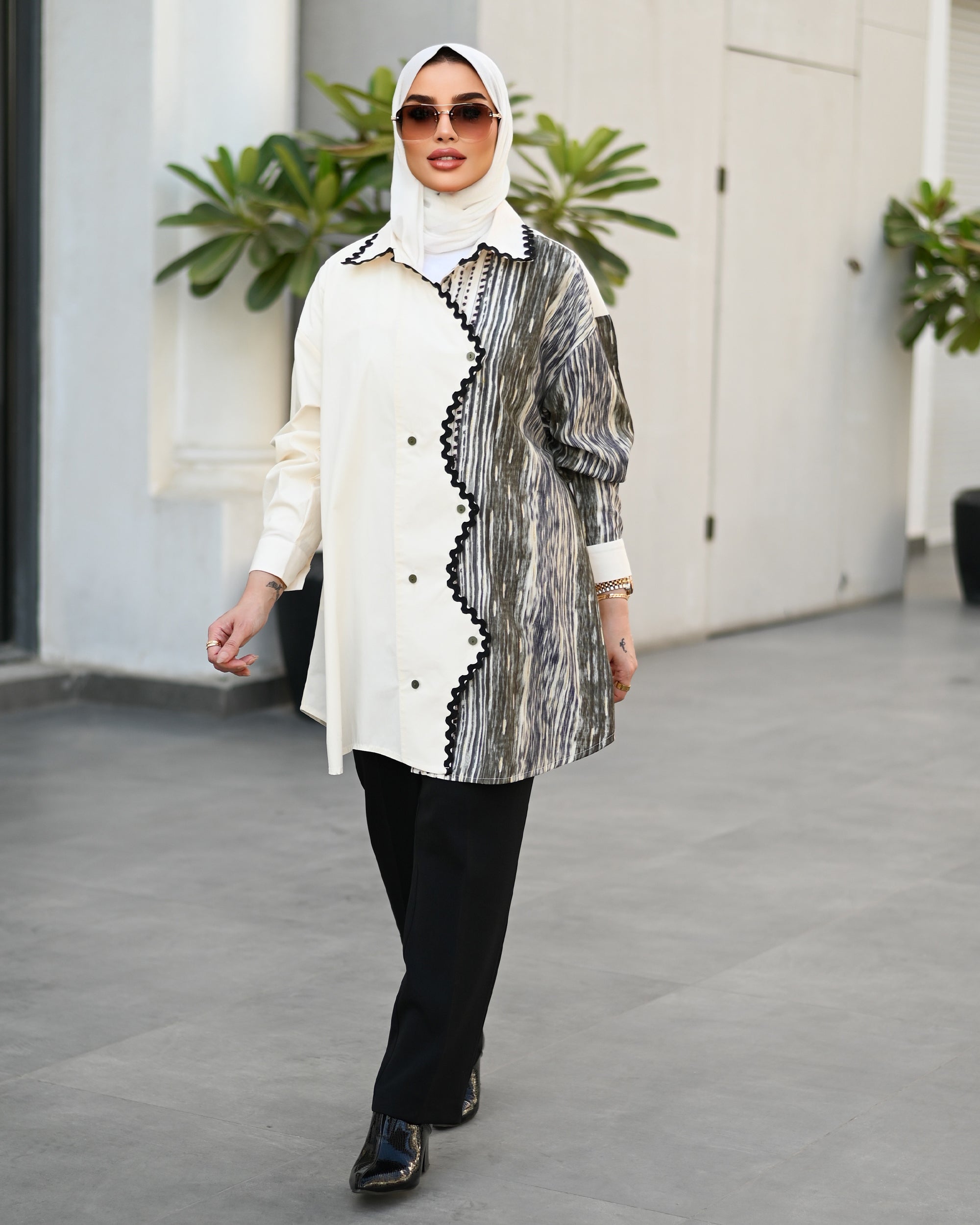 Abstract Contrast Parachute Shirt – Ivory & Olive