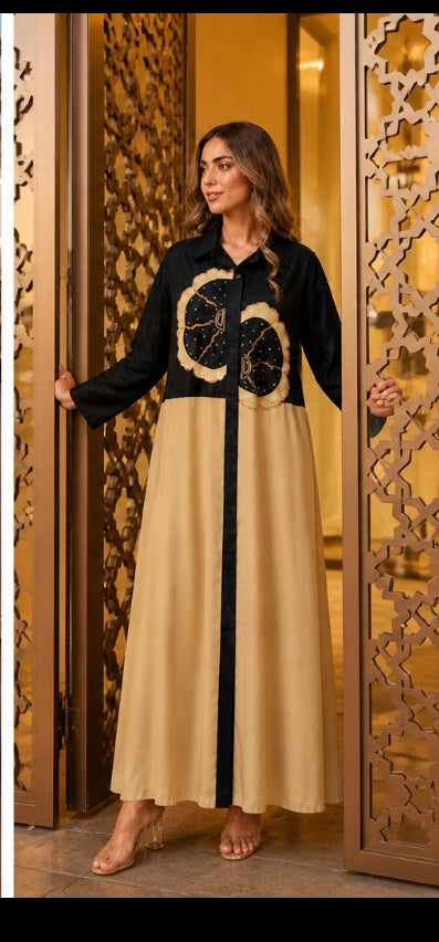 Contrast Embroidered Poplin Long Shirt – Beige & Black