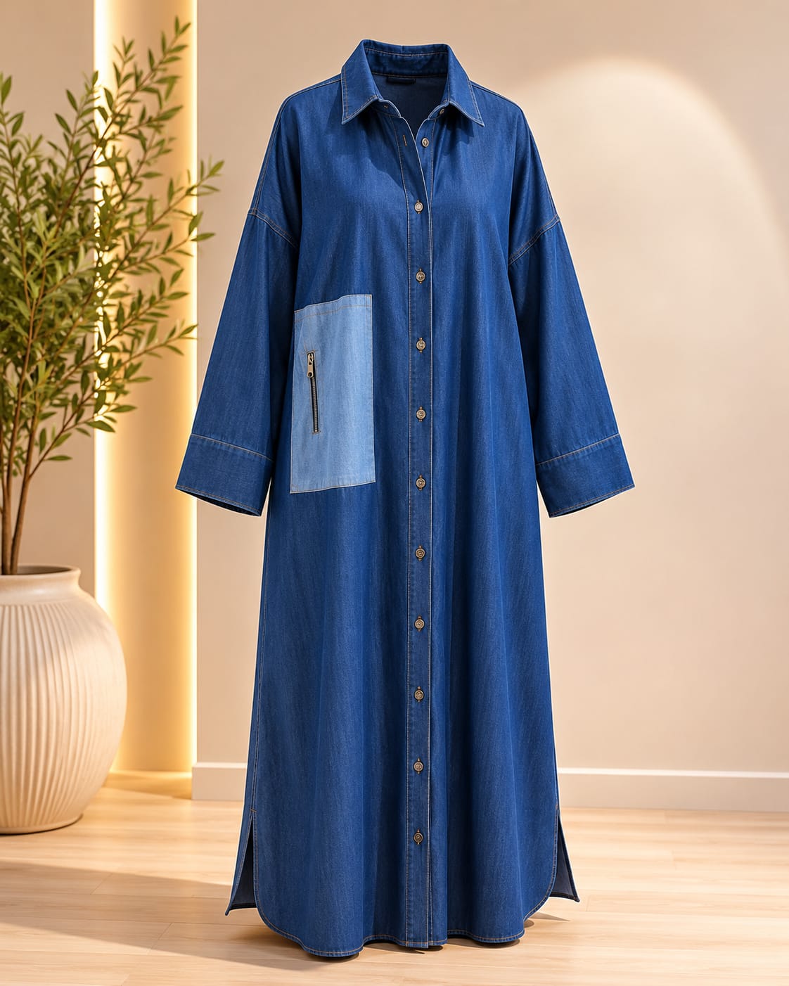Contrast Pocket Denim Dress – Blue