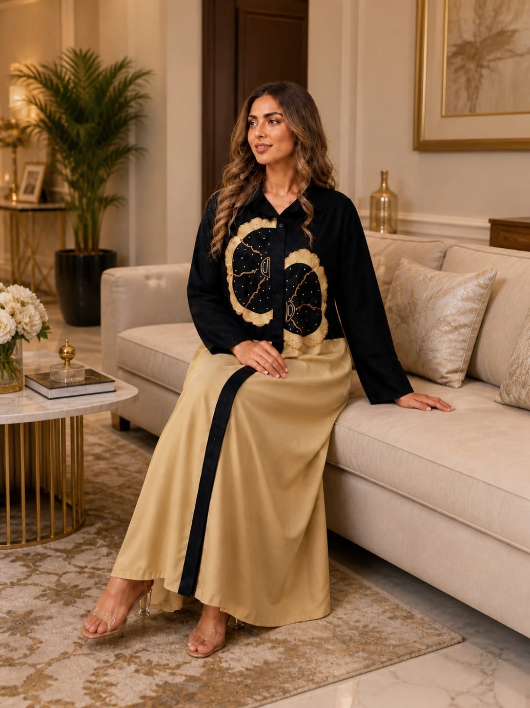 Contrast Embroidered Poplin Long Shirt – Beige & Black