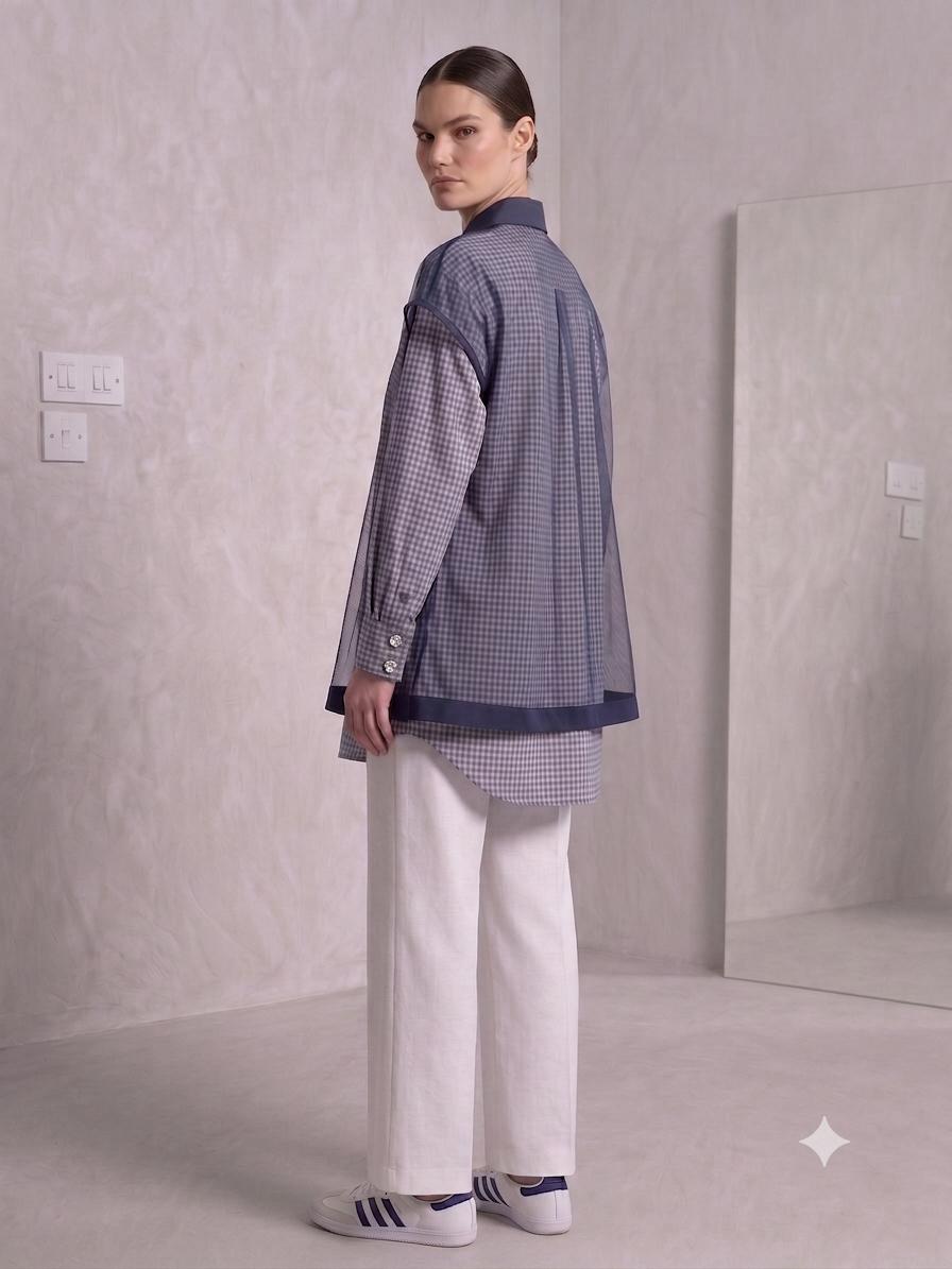 Gingham Contrast Poplin Shirt – Navy Blue